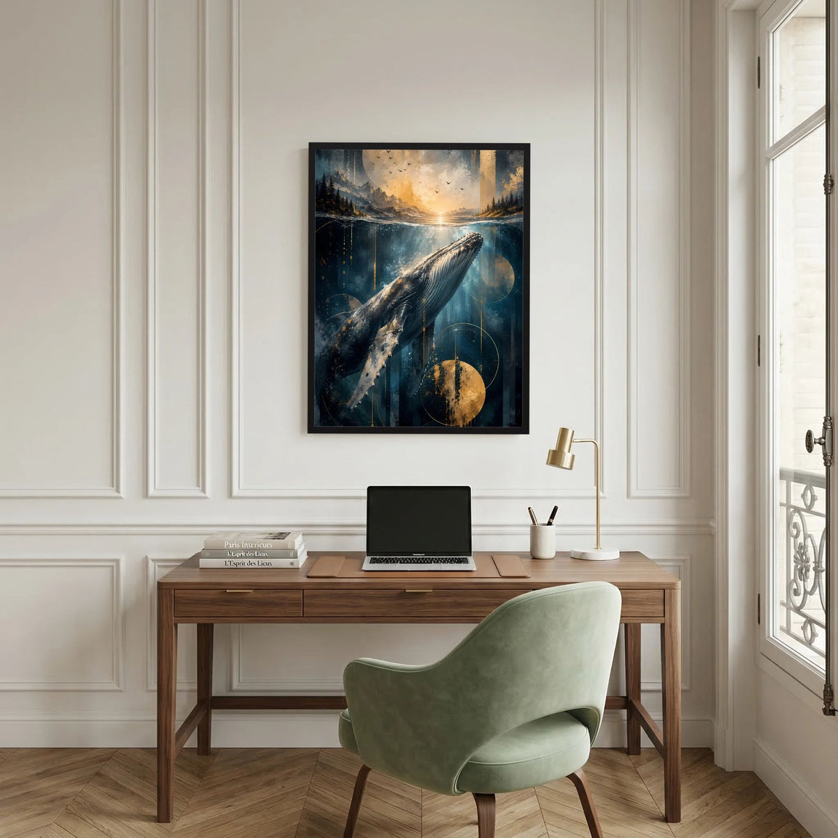 Gerahmtes Hochformat-Poster mit Pottwal unter Wasser, Blau-Gold, goldene Kreise