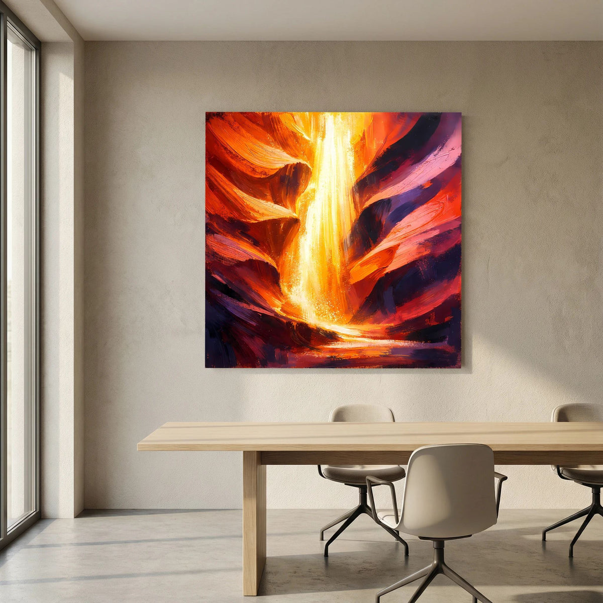 Leinwand-Wandbild mit strahlendem Lichtkegel, rot-orangenen und dunkelblauen Farbverläufen