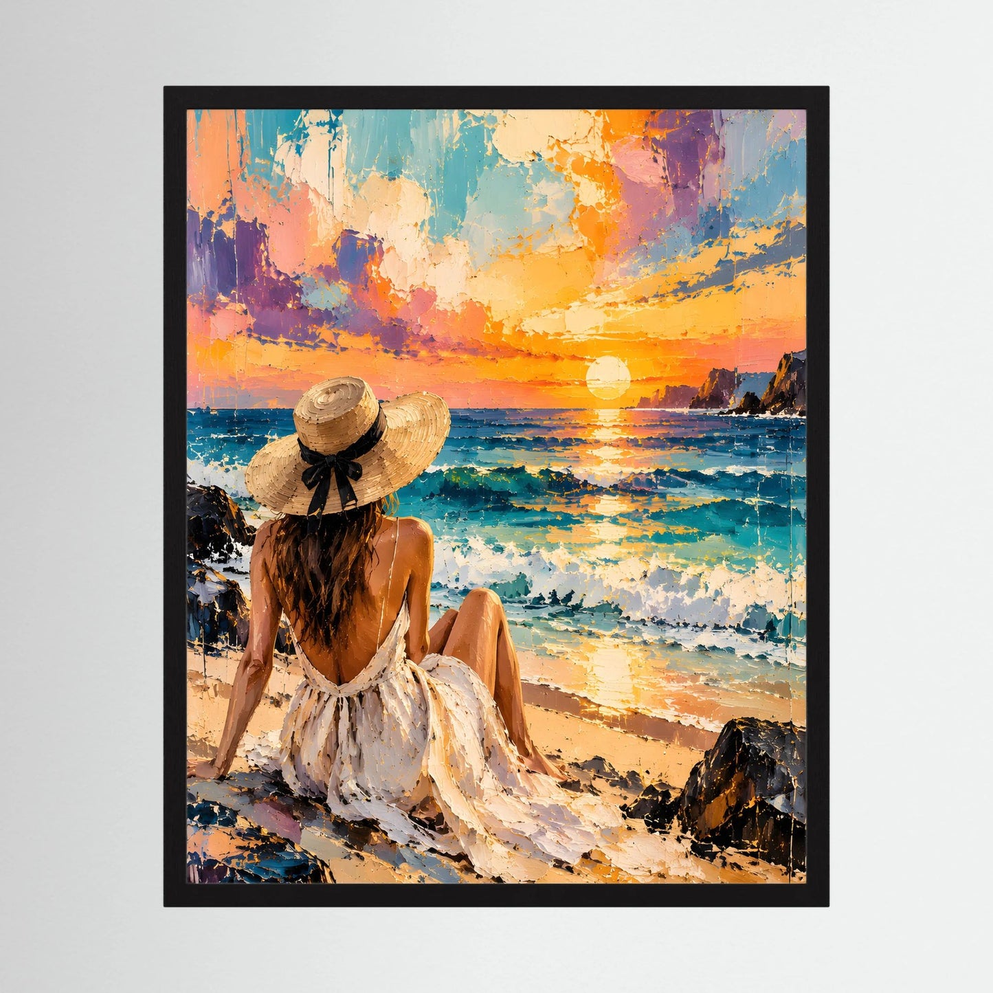 Gerahmtes Poster mit abstrakter Strandfrau, türkis und orange, Hochformat