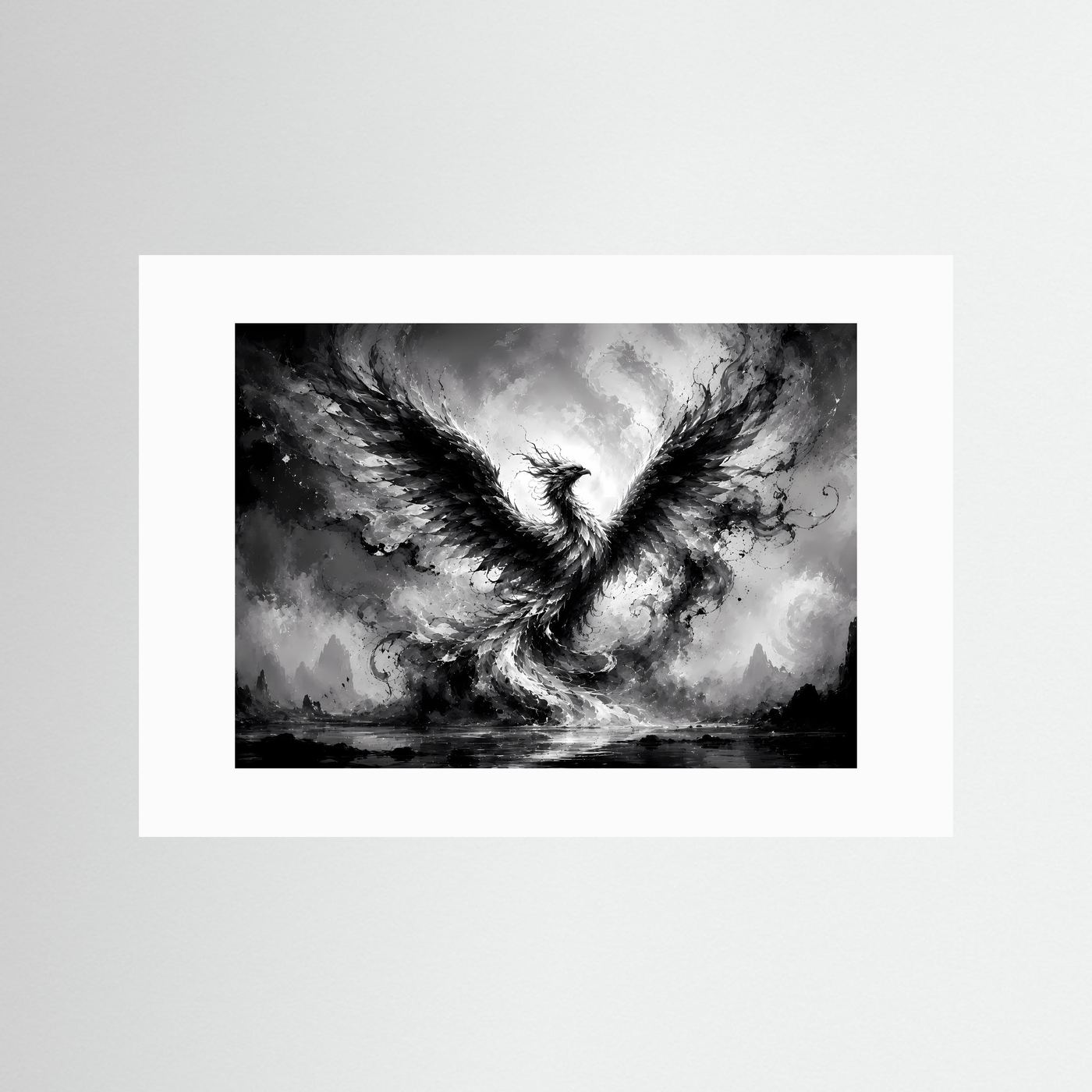 Phönix aus Licht und Schatten | Mystische Schwarz-Weiß Wandkunst – Abstrakter Feuervogel