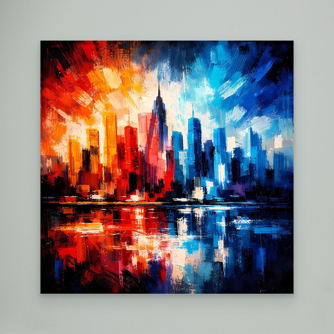 Leinwandbild mit abstrakter Skyline in Rot-, Blau- und Gelbtönen, schwarze Umrandung.