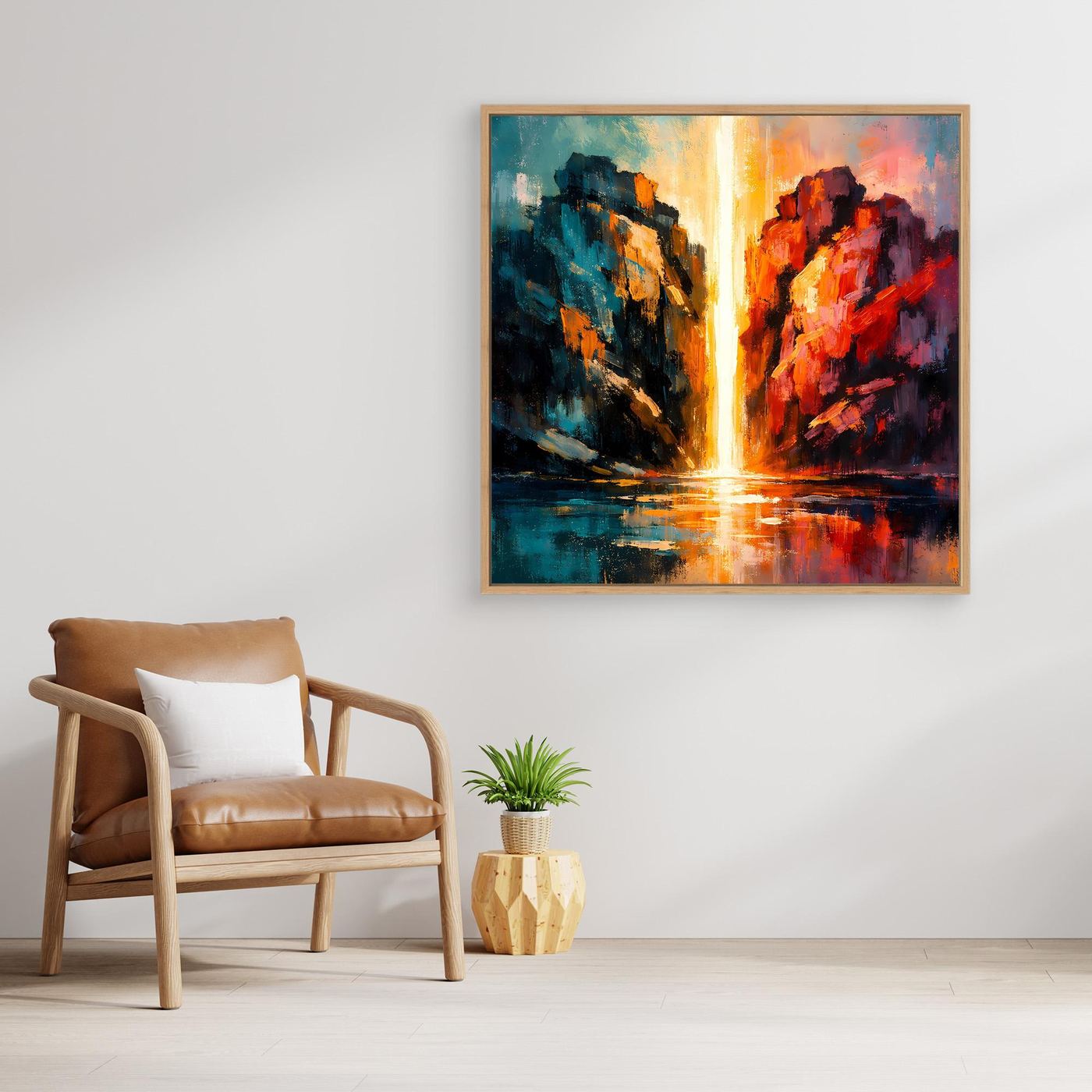 Premium Leinwand Magischer Lichtwasserfall im Canyon | Abstraktes Natur Wandbild farbenfroh