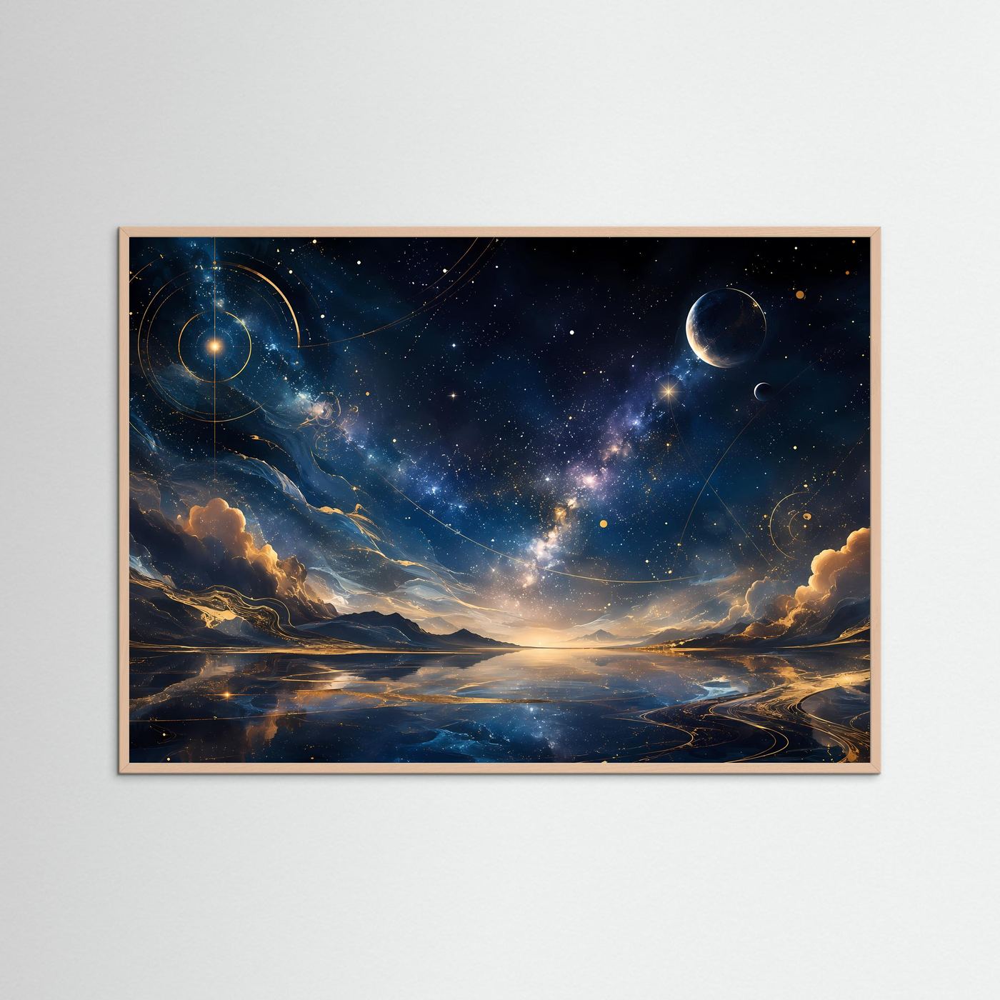 Querformatige Weltraum-Wandkunst: Sternenmeer in Blau und Gold, Planeten und Nebel, rosafarbenes Holzrahmen