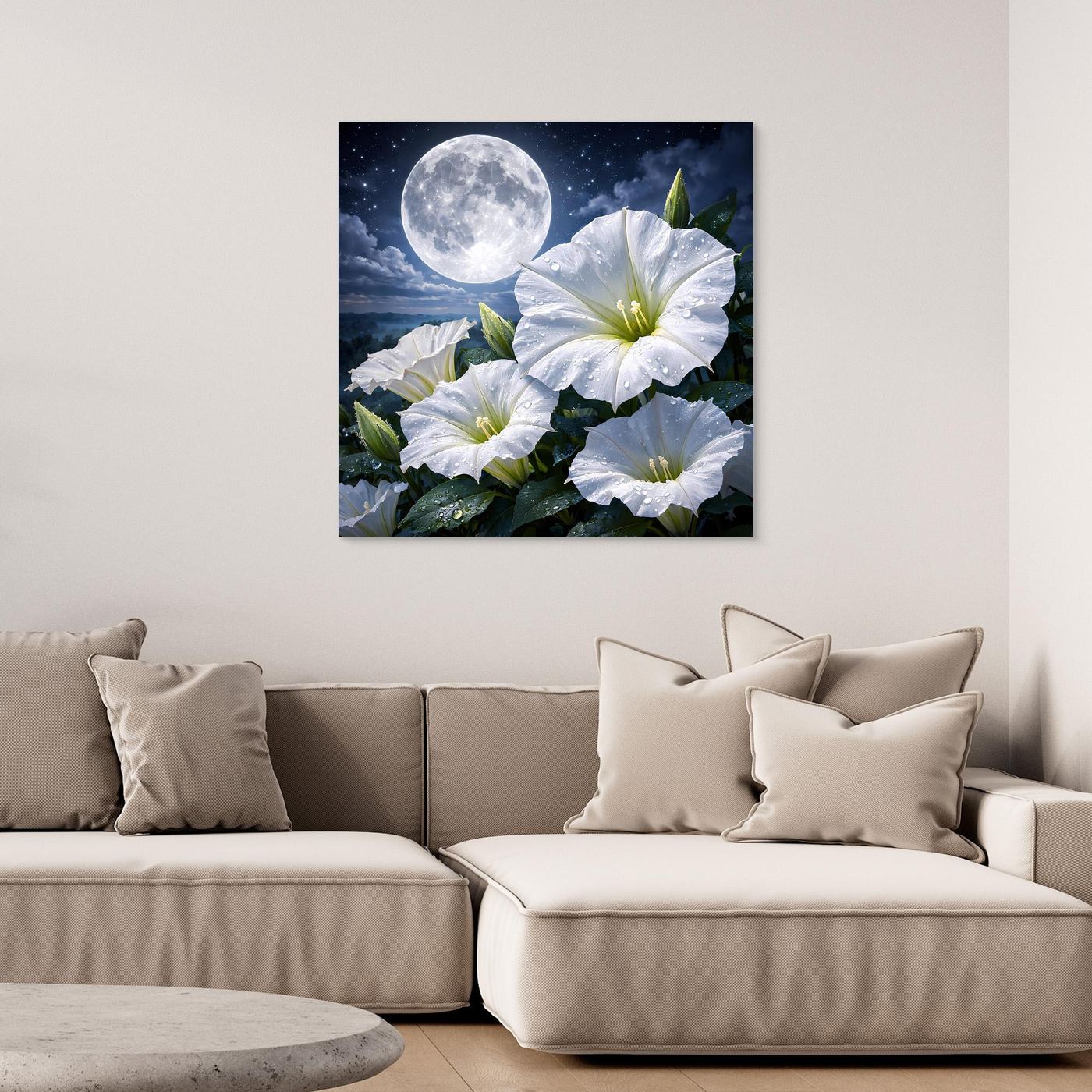 Leinwand-Wandbild mit weißen Blüten, grünen Blättern und großem Mond