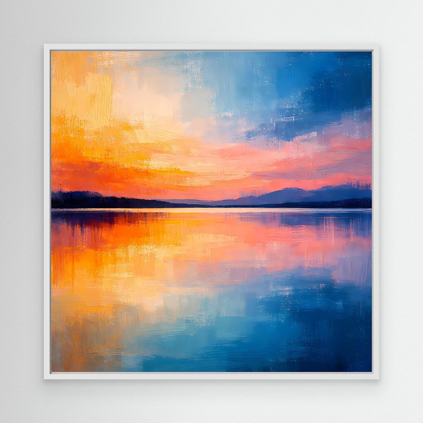 Abstraktes Wandbild auf Leinwand im weißen Rahmen mit See-Spiegelung in Blau, Orange, Rosa
