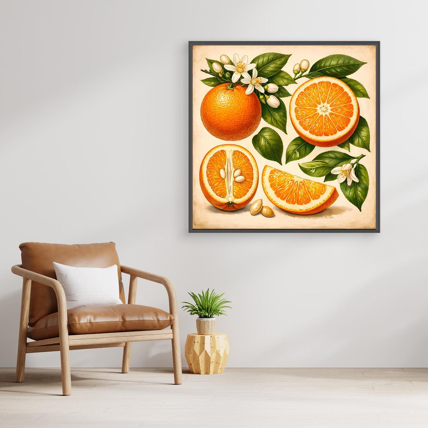 Leinwandbild mit Zitrusfrüchten, Orangen und Blättern, schwarzer Rahmen
