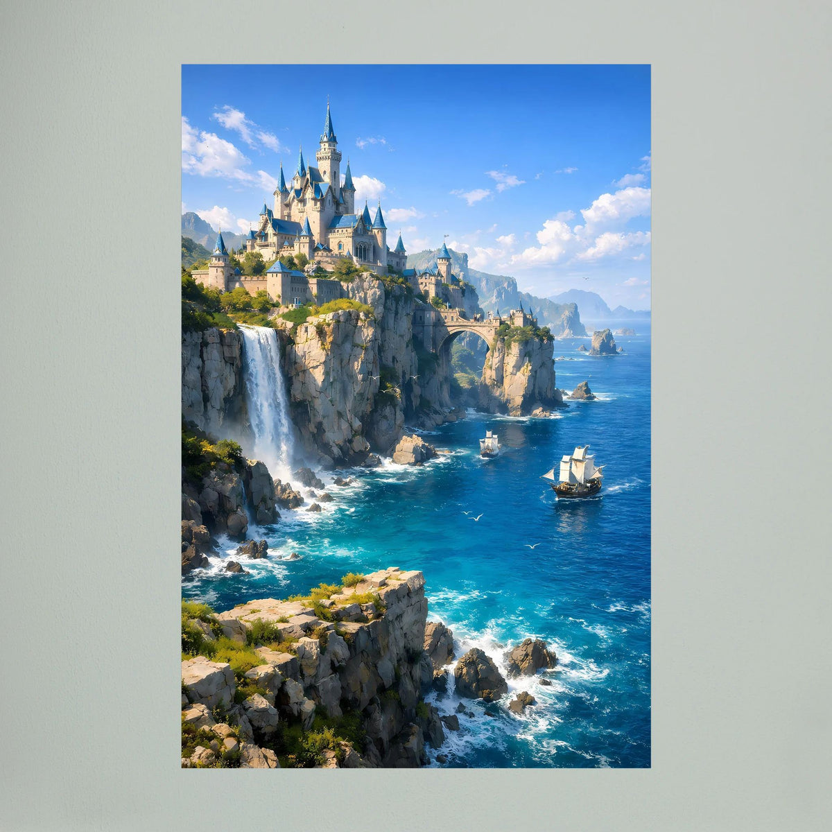 Wandposter hochkant mit blauem Rand, Fantasy-Küstenschloss und donnernde Wasserfälle