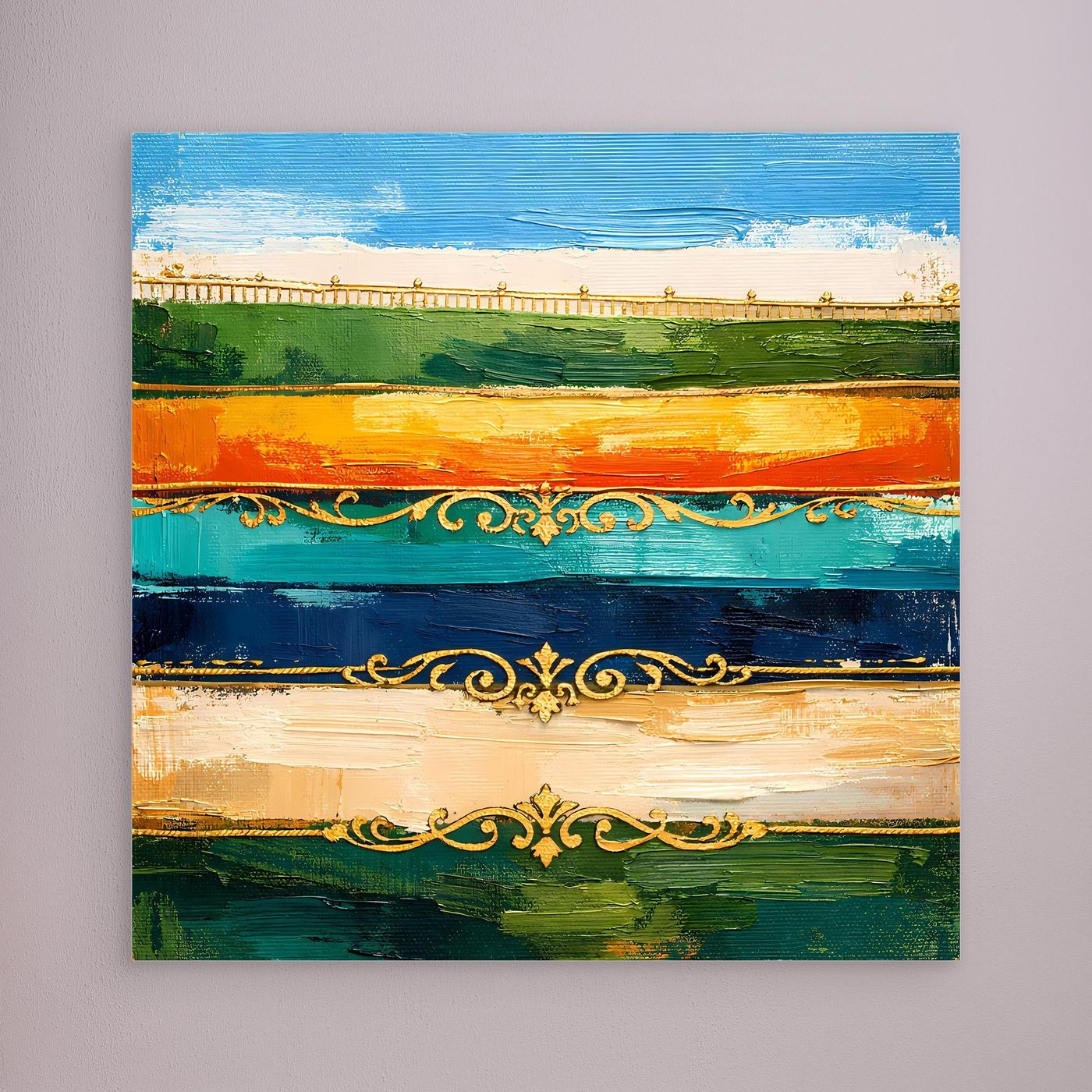 Leinwand Elegante Abstrakte Farbstreifen | Modernes Wandbild mit Goldornamenten