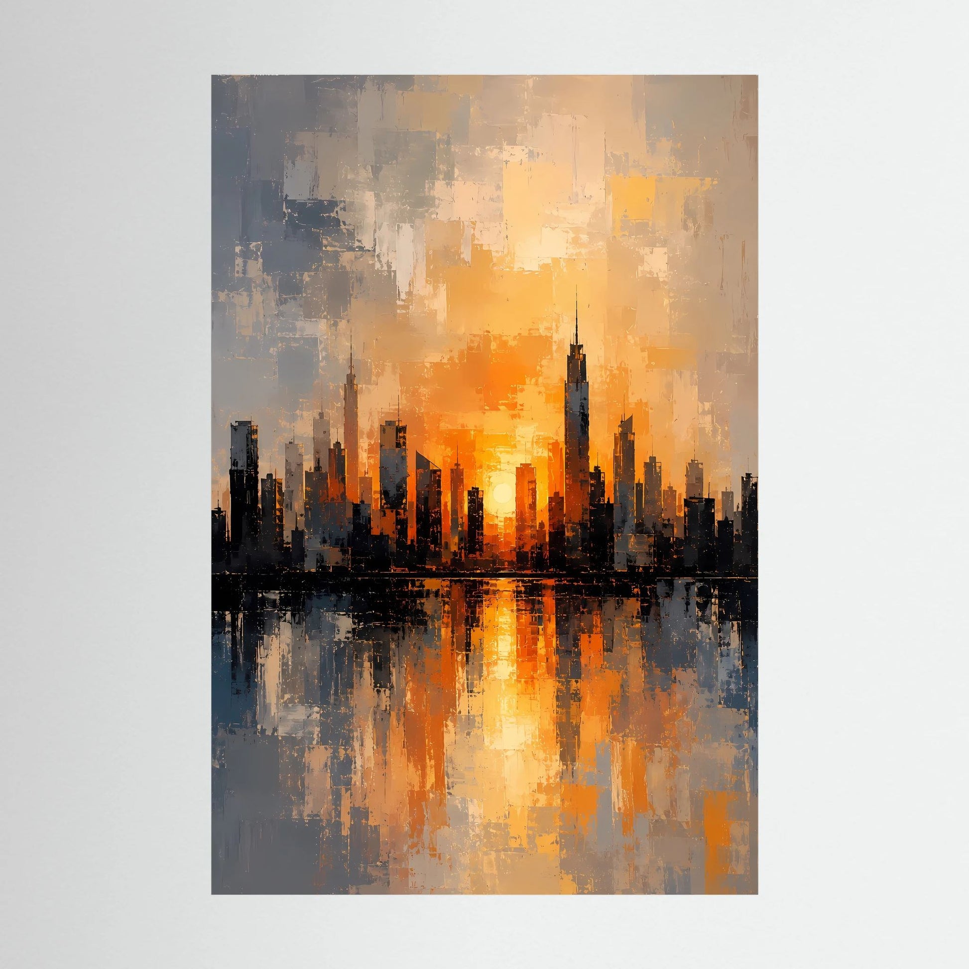 Hochformat-Poster mit abstrakter Skyline, Sonnenuntergang in Orange, Gold und Grau mit Spiegelung