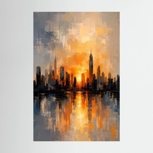 Hochformat-Poster mit abstrakter Skyline, Sonnenuntergang in Orange, Gold und Grau mit Spiegelung