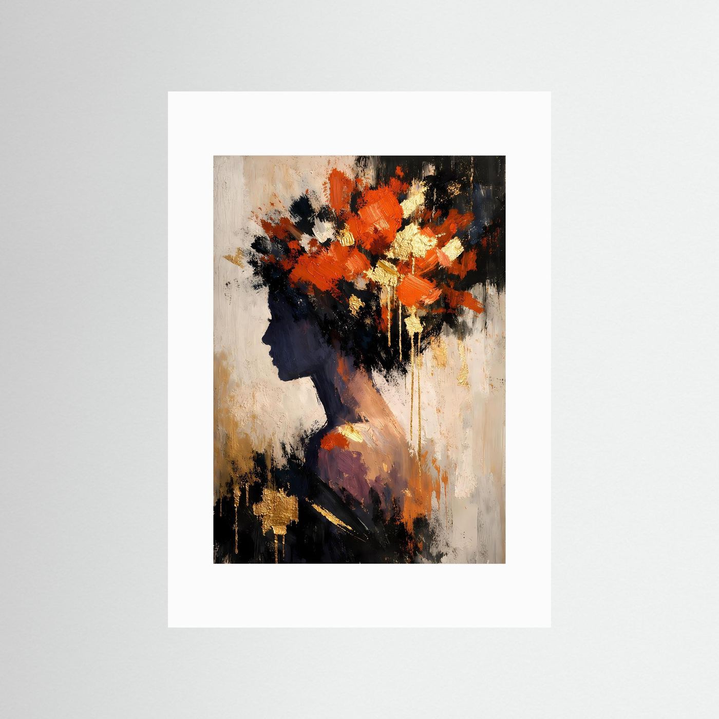 Kunstposter ohne Rahmen mit weißem Rand, abstraktes Frauenporträt im Profil, orange und gold