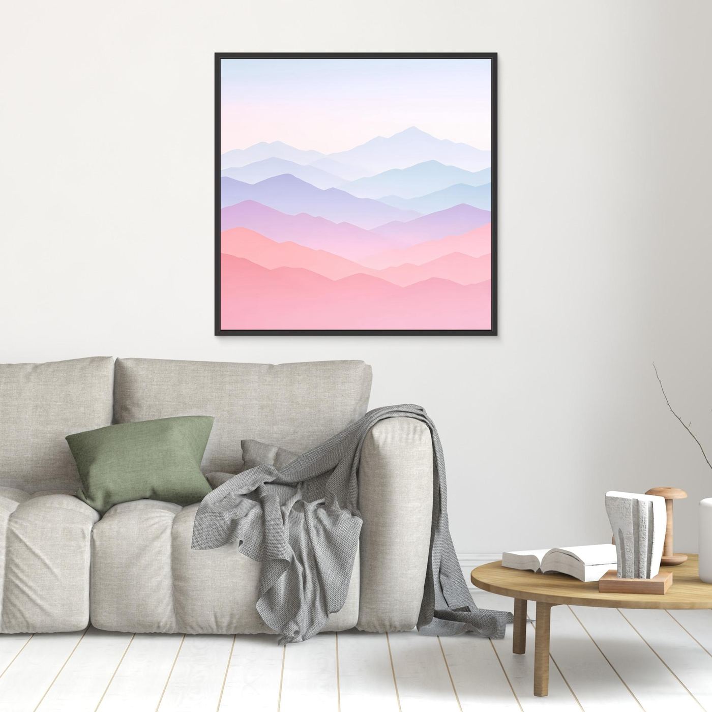 Leinwandbild mit schwarzem Rahmen, minimalistische Berge in Pastellfarben