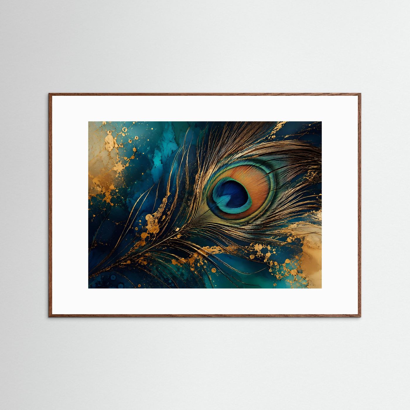 Pfauenfeder in Petrol & Gold | Luxuriöse abstrakte Wandkunst
