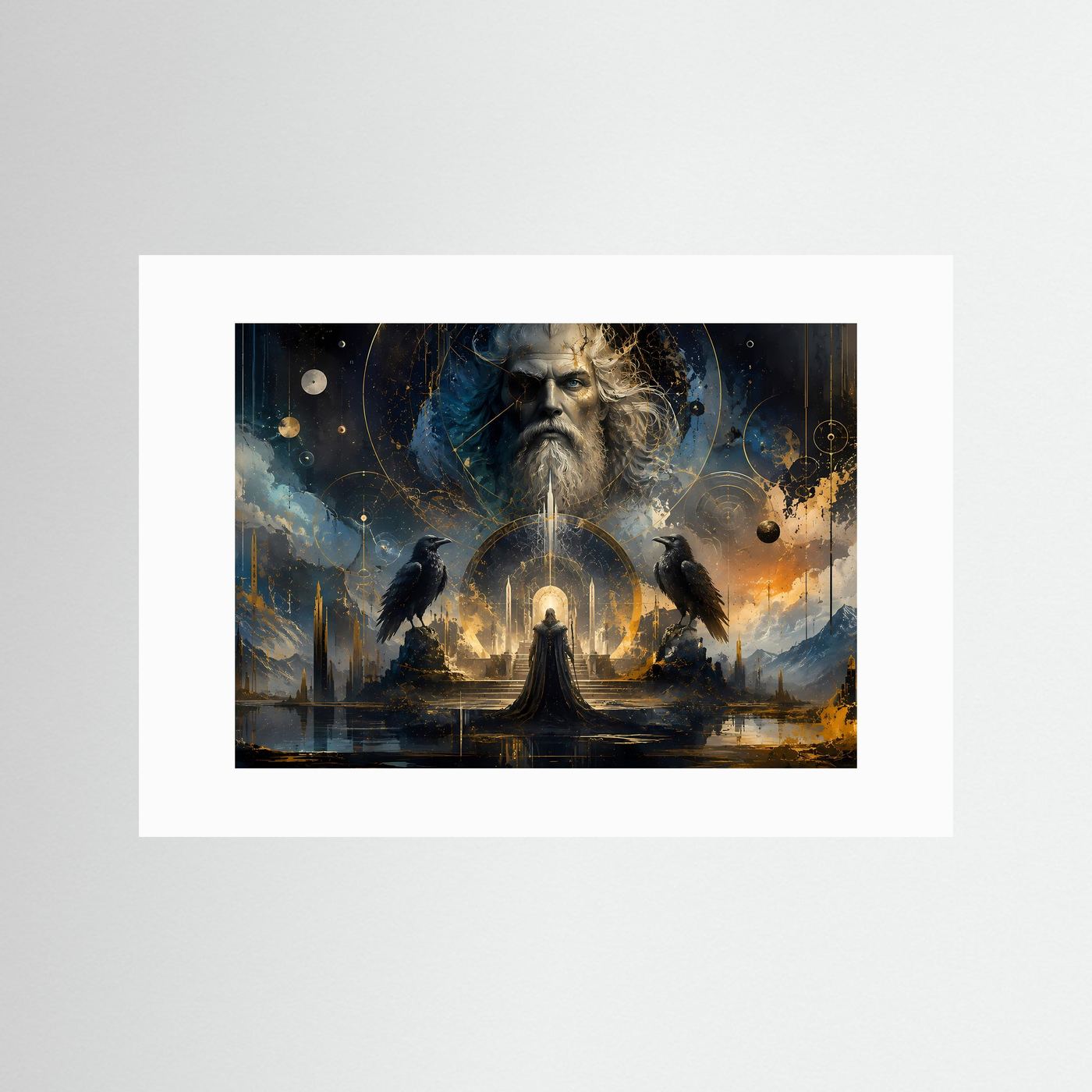Odin mit Raben in Blau & Gold | Mystische nordische Götter Wandkunst