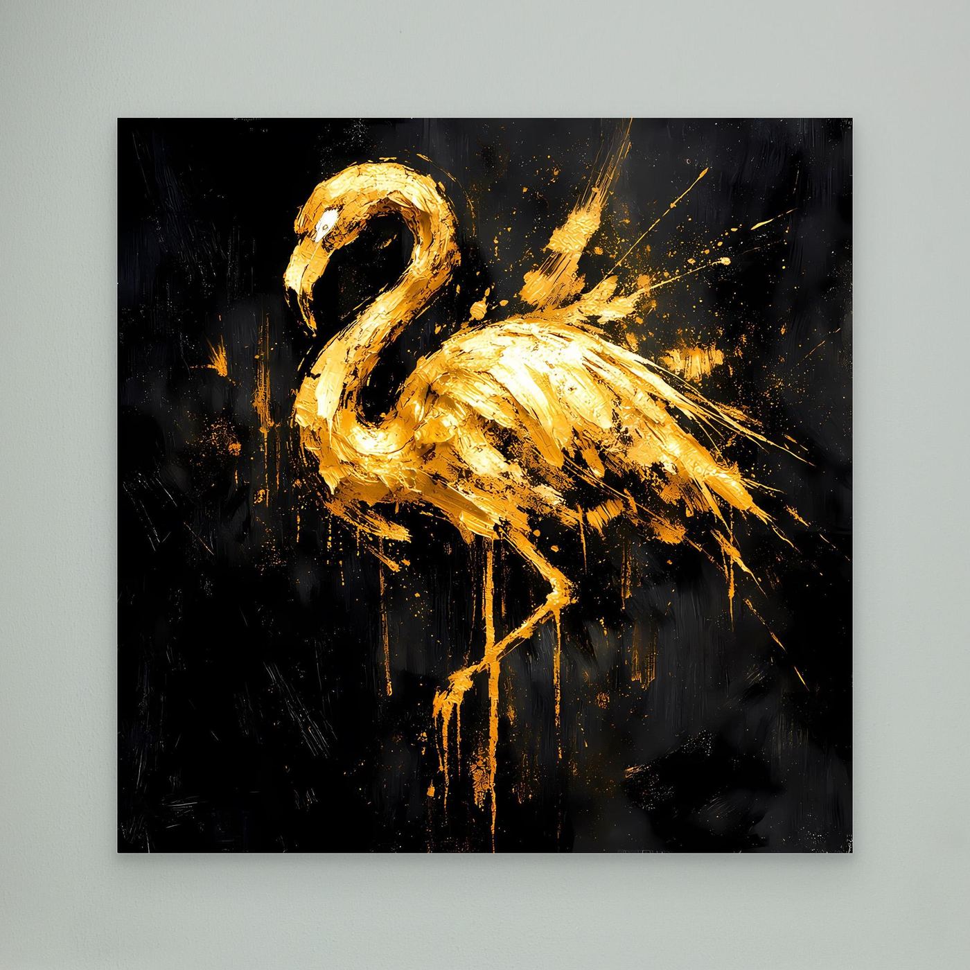 Leinwand Goldener Flamingo auf Schwarz | Abstraktes Modernes Tier Wandbild Kunst