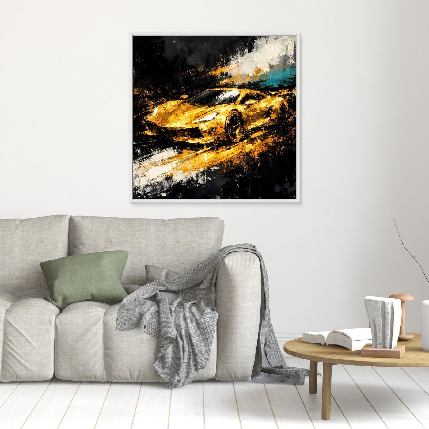 Leinwand Goldener Supersportwagen | Modernes Abstraktes Rennsport Wandbild