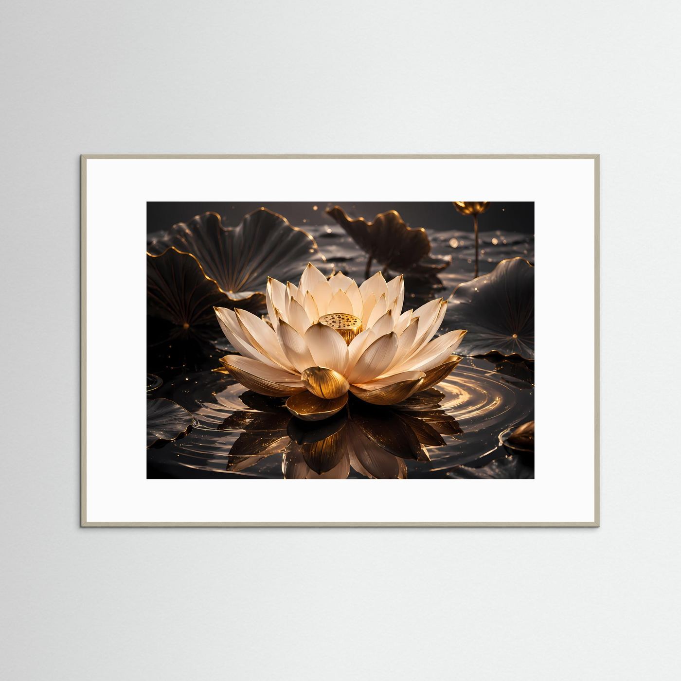 Edle Lotosblüte im goldenen Wasser | Spirituelle Kunst & Zen Poster Querformat