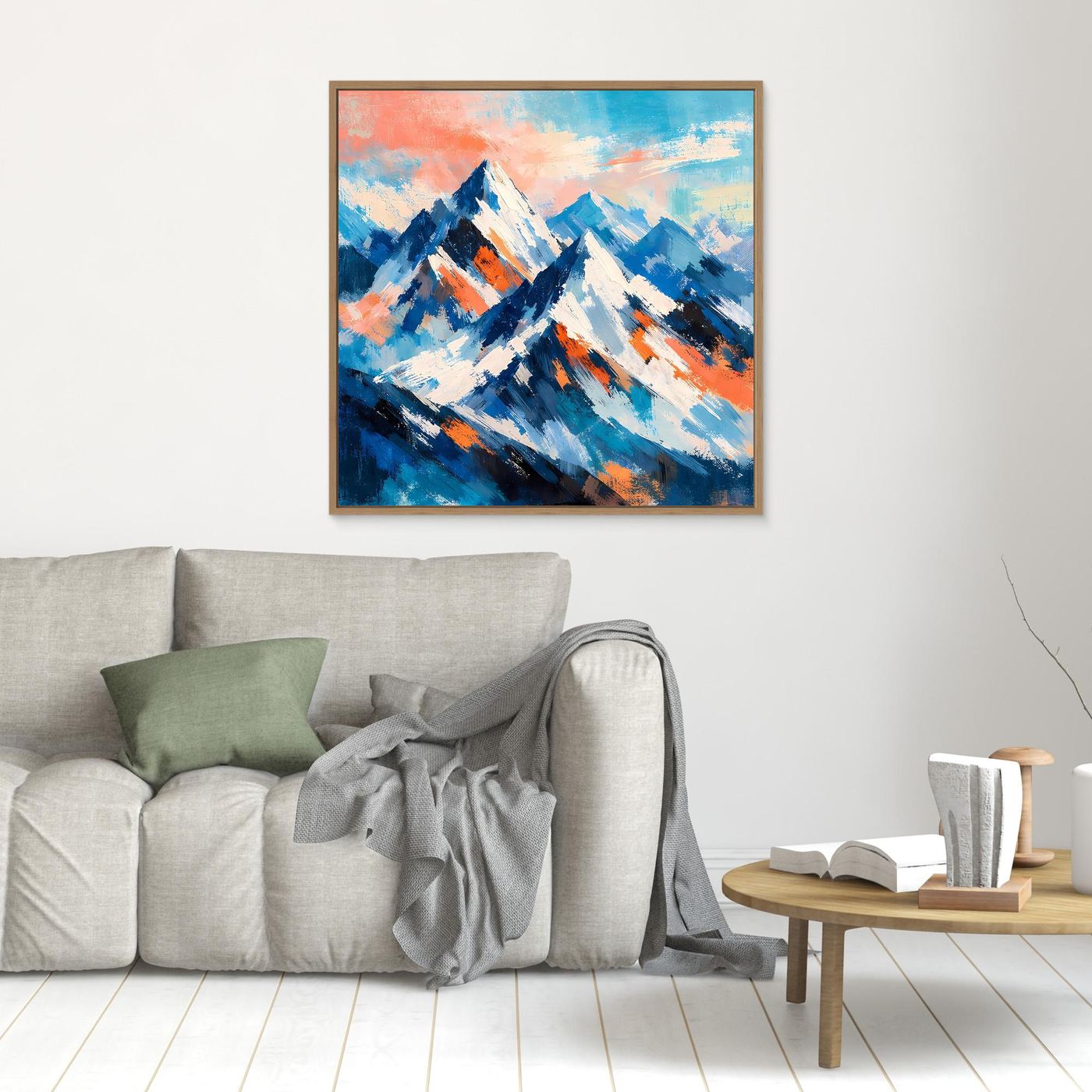 Kleines Leinwand-Wandbild mit Schneebergen, gerahmt mit Holz, Blau, Weiß, Orange