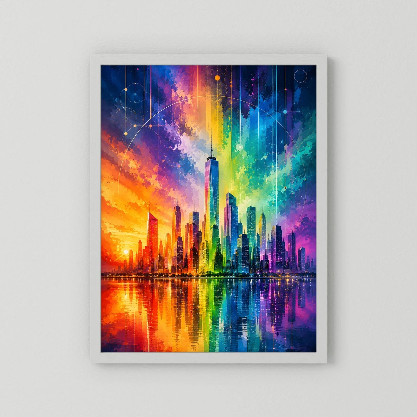 Poster mit Regenbogen-Skyline und Wasserreflexion, weißer Rahmen