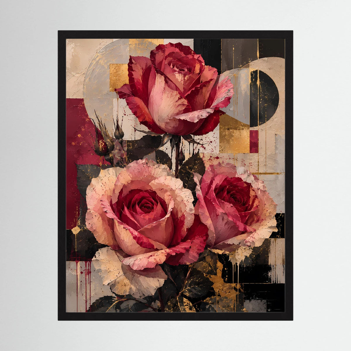 Gerahmtes Poster im Hochformat mit abstrakten Rosen in Rot und Gold, schwarzer Rahmen