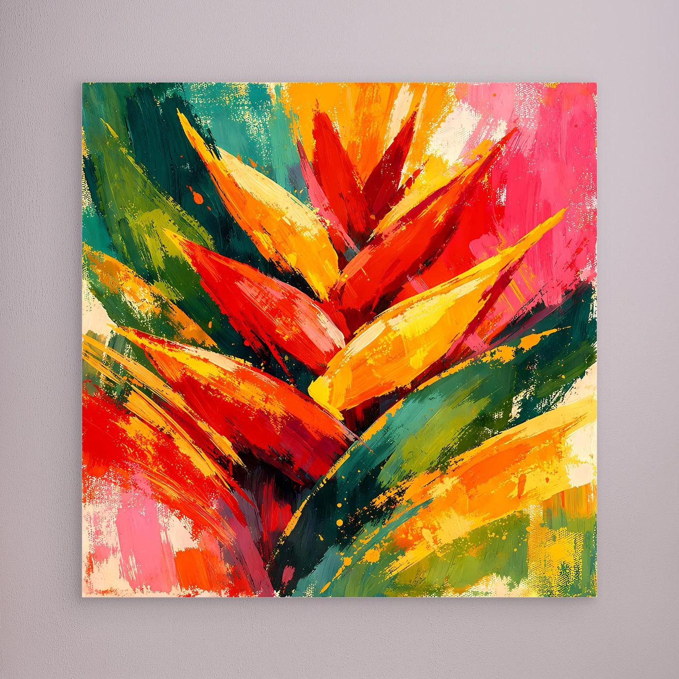 Leinwand Abstrakte Helikonie Blüte | Modernes Tropen Wandbild Bunt Exotisch