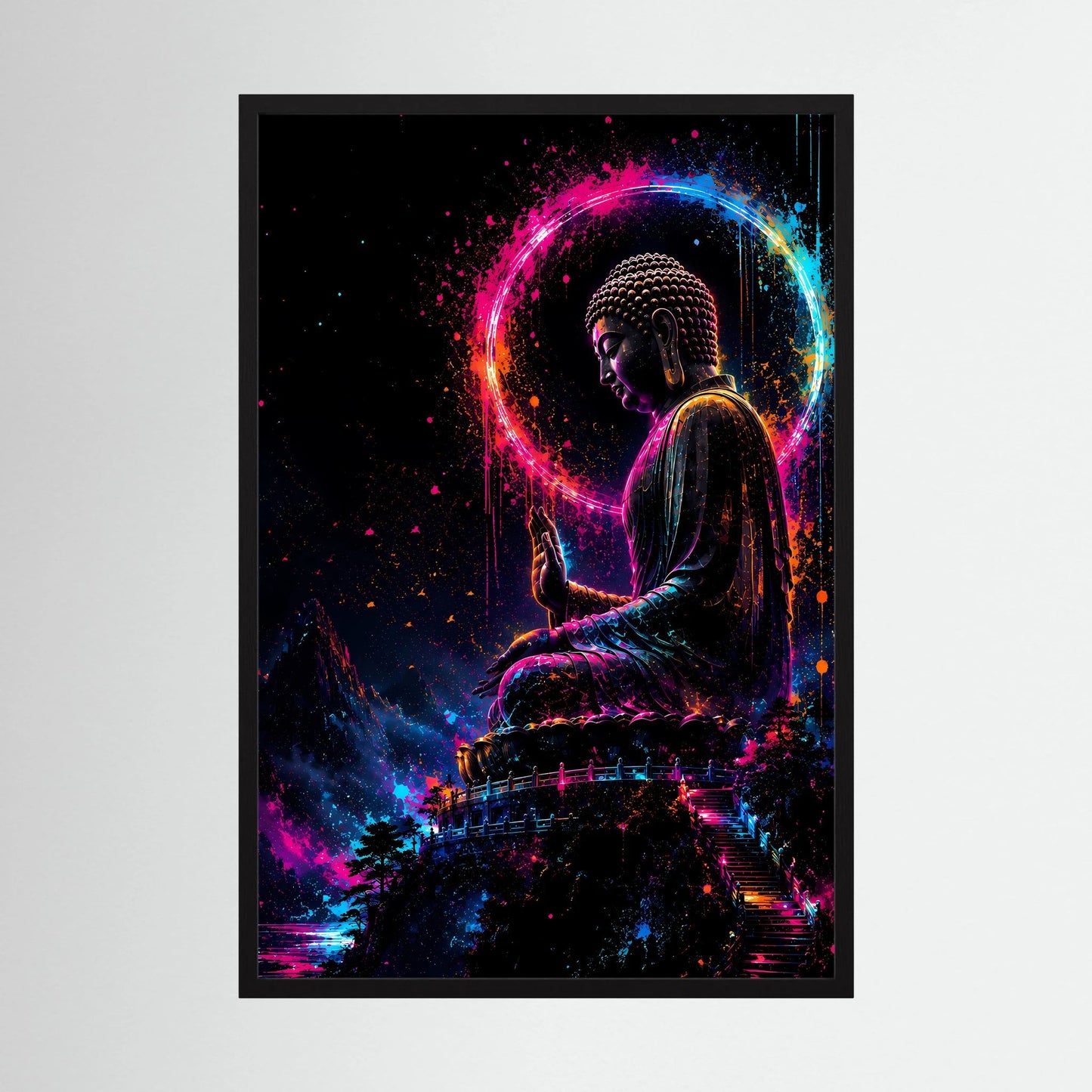 Hochformatiges Buddha-Kunstposter mit Neonkreis in Pink, Blau und Orange im schwarzen Rahmen