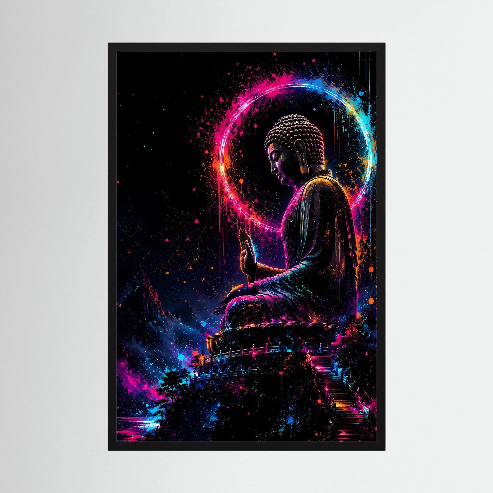 Hochformatiges Buddha-Kunstposter mit Neonkreis in Pink, Blau und Orange im schwarzen Rahmen