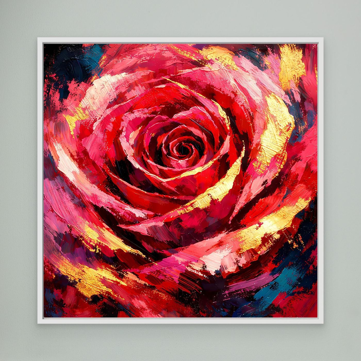 Leinwandbild mit abstrakter Rosenblüte, Rot- und Gelbstrichen, weißer Rahmen