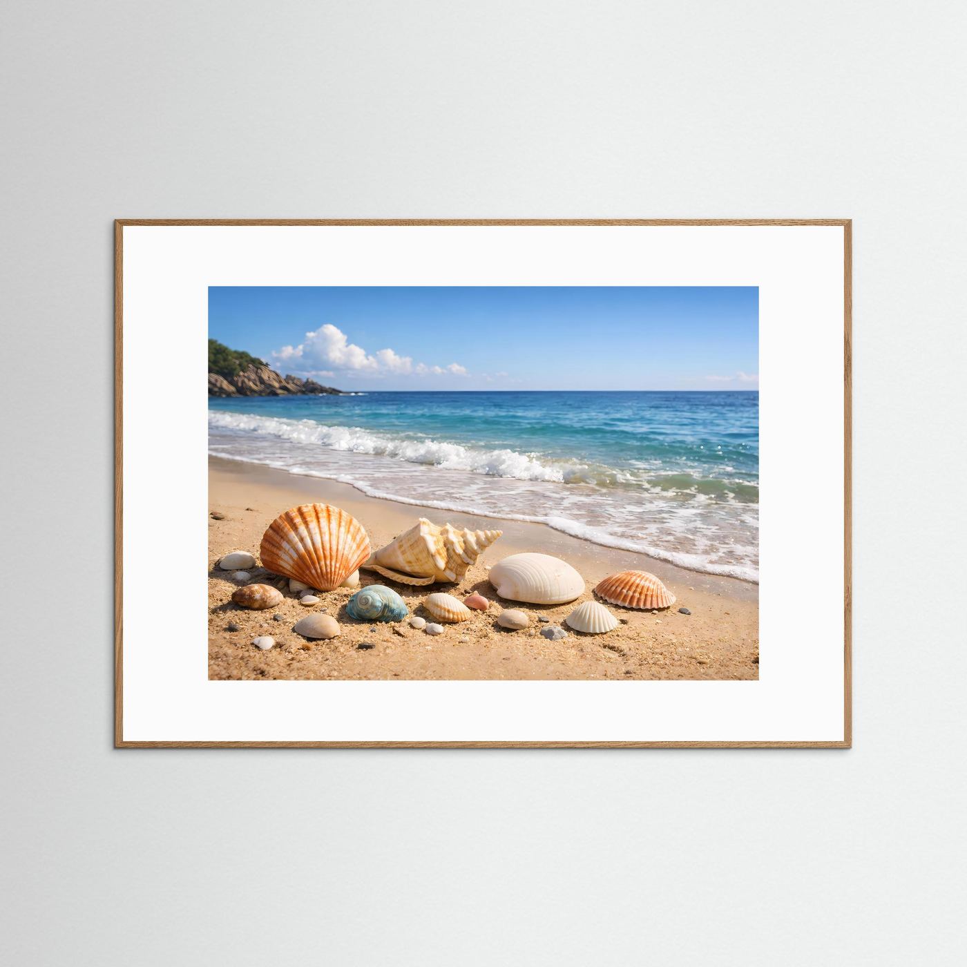 Poster im Querformat: Muscheln am Sandstrand, naturbraun gerahmt