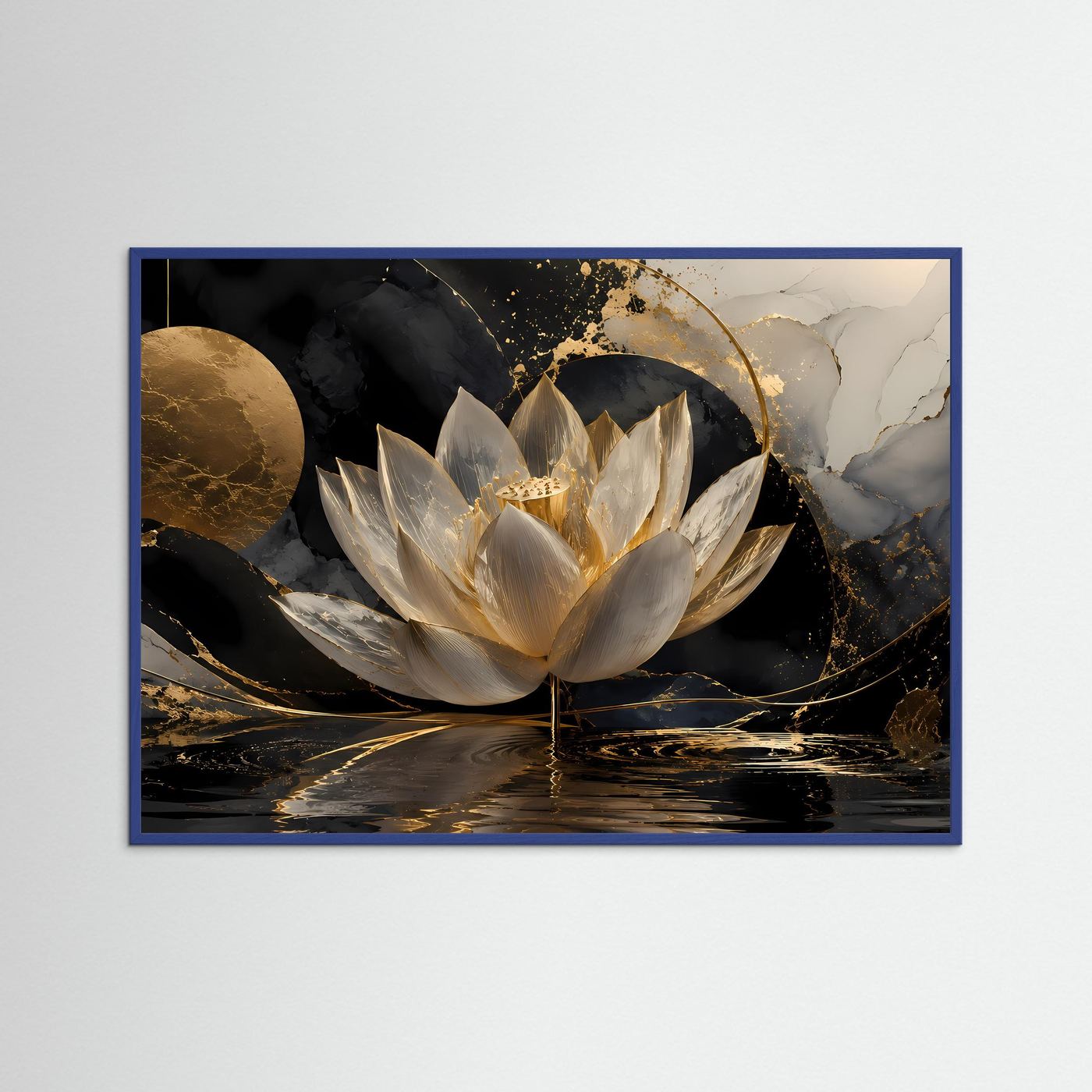 Weiße Lotusblüte Wandbild | Schwarz Gold Lotus Kunst | Elegante Zen Botanical Wall Art | Luxuriöse Meditation Leinwand | Moderne Wellness Deko