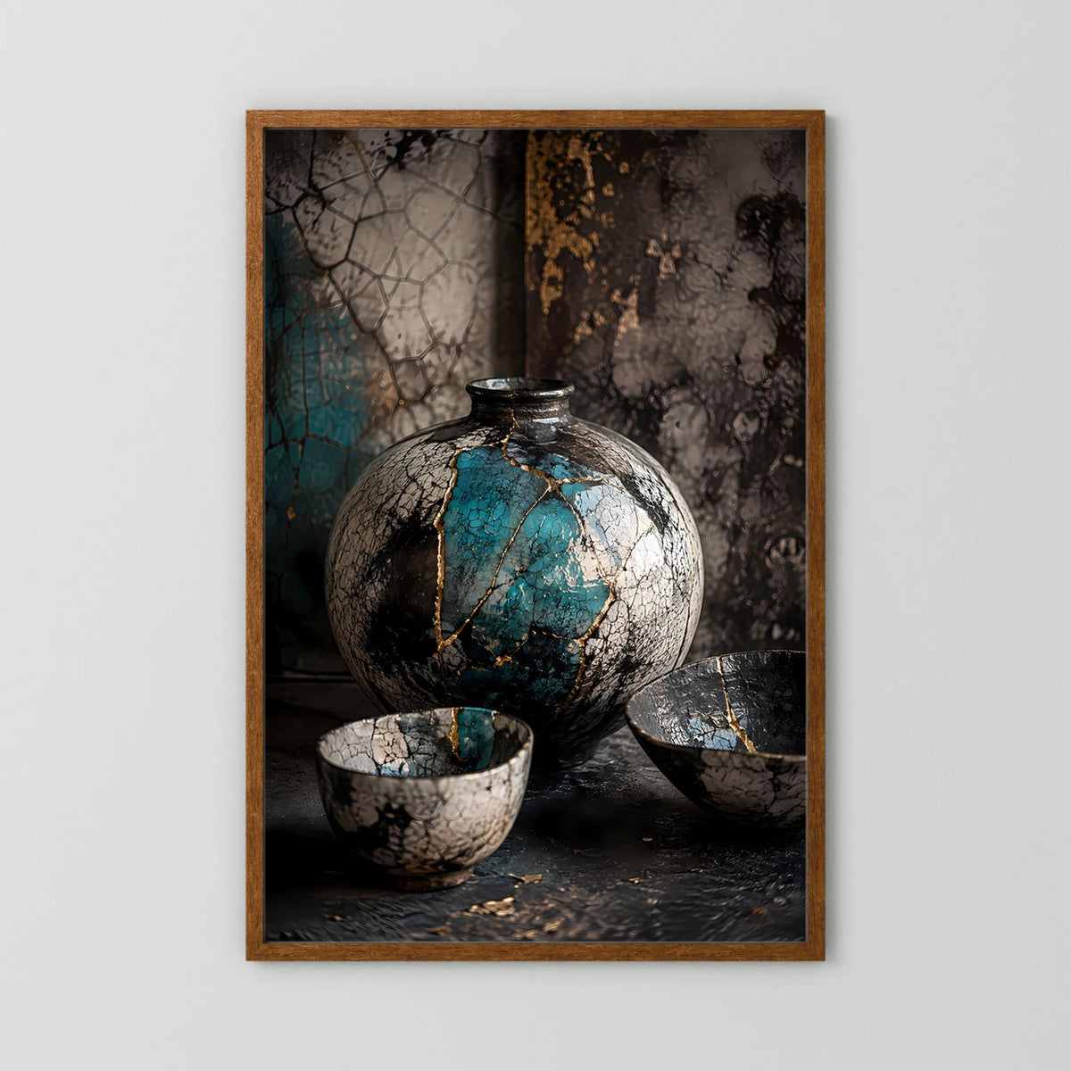 Poster im Hochformat: Kugelvase mit türkisfarbenem Dekor und goldenen Linien, Holzrahmen