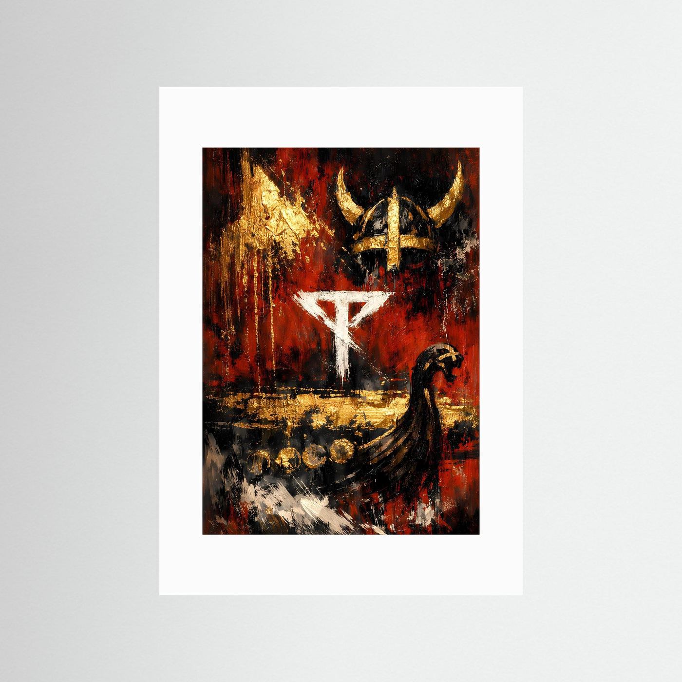 Hochformatiges Kunstposter mit Wikinger-Motiv, rot-schwarz-gold, mit weißem Passepartout