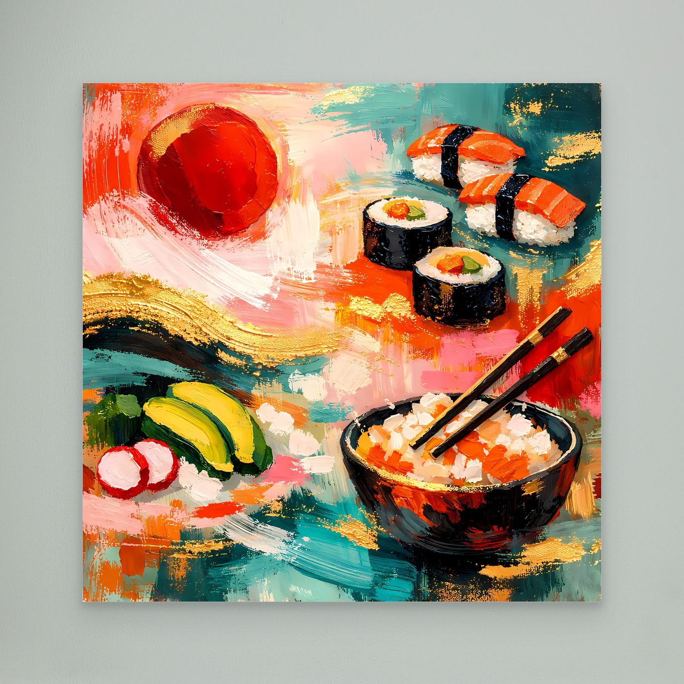 Leinwandbild mit Sushi-Motiv: Maki und Nigiri in bunten Pinselstrichen