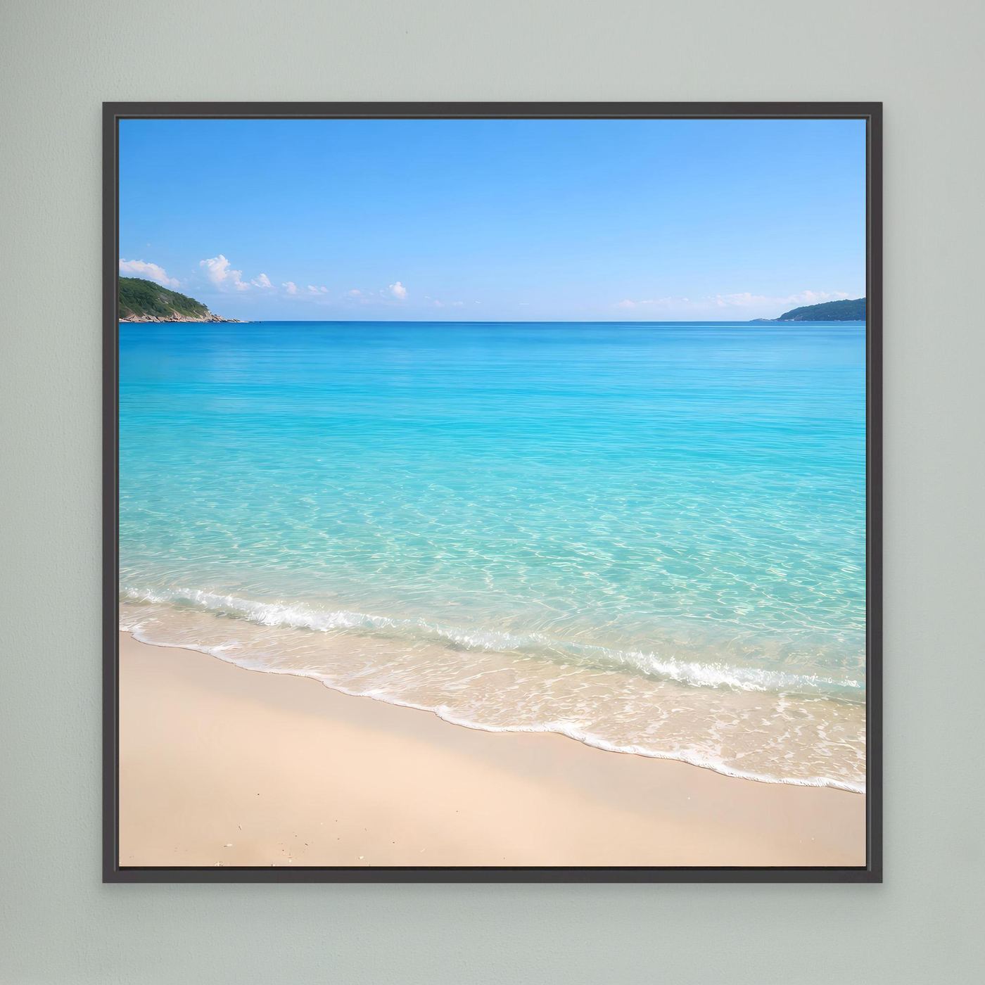 Leinwandbild mit tropischem Strandmotiv, türkisblaues Wasser und weißer Sandstrand, schwarzer Rahmen