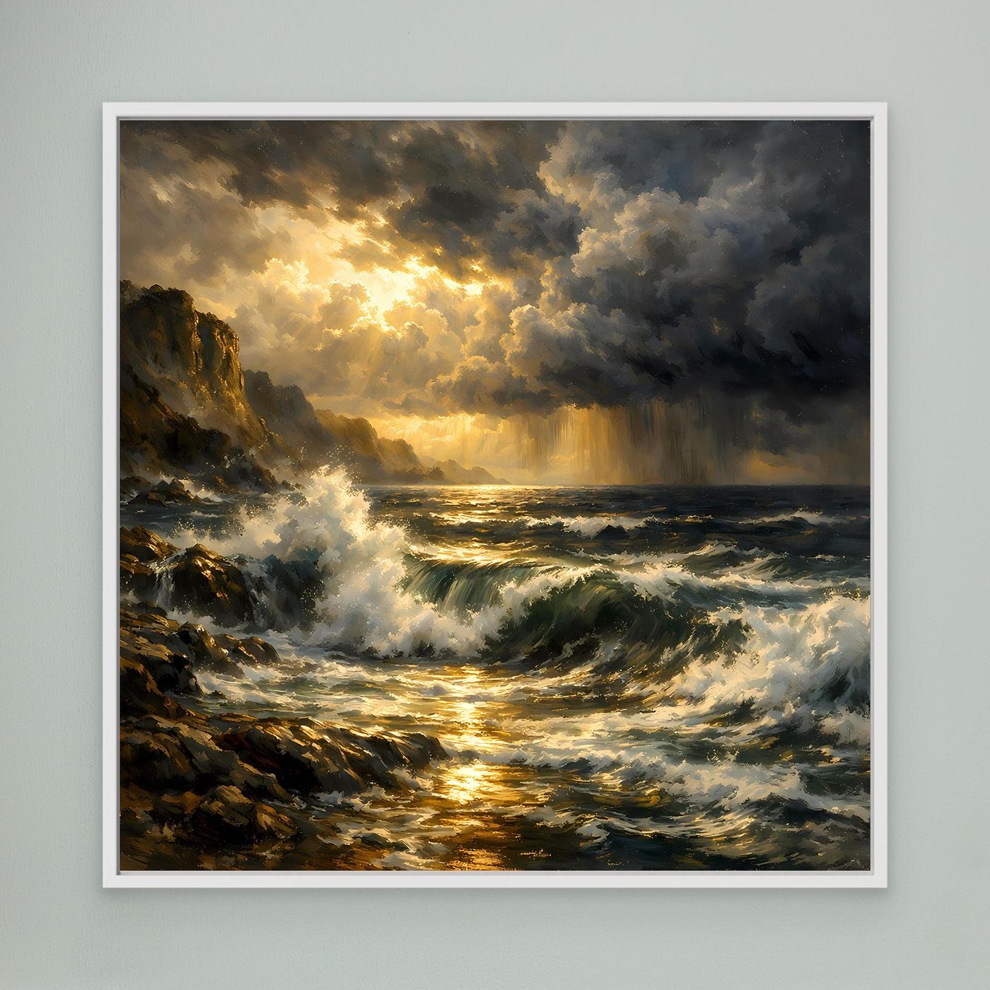 Leinwandbild stürmisches Meer mit goldenem Sonnenlicht, weiß gerahmt