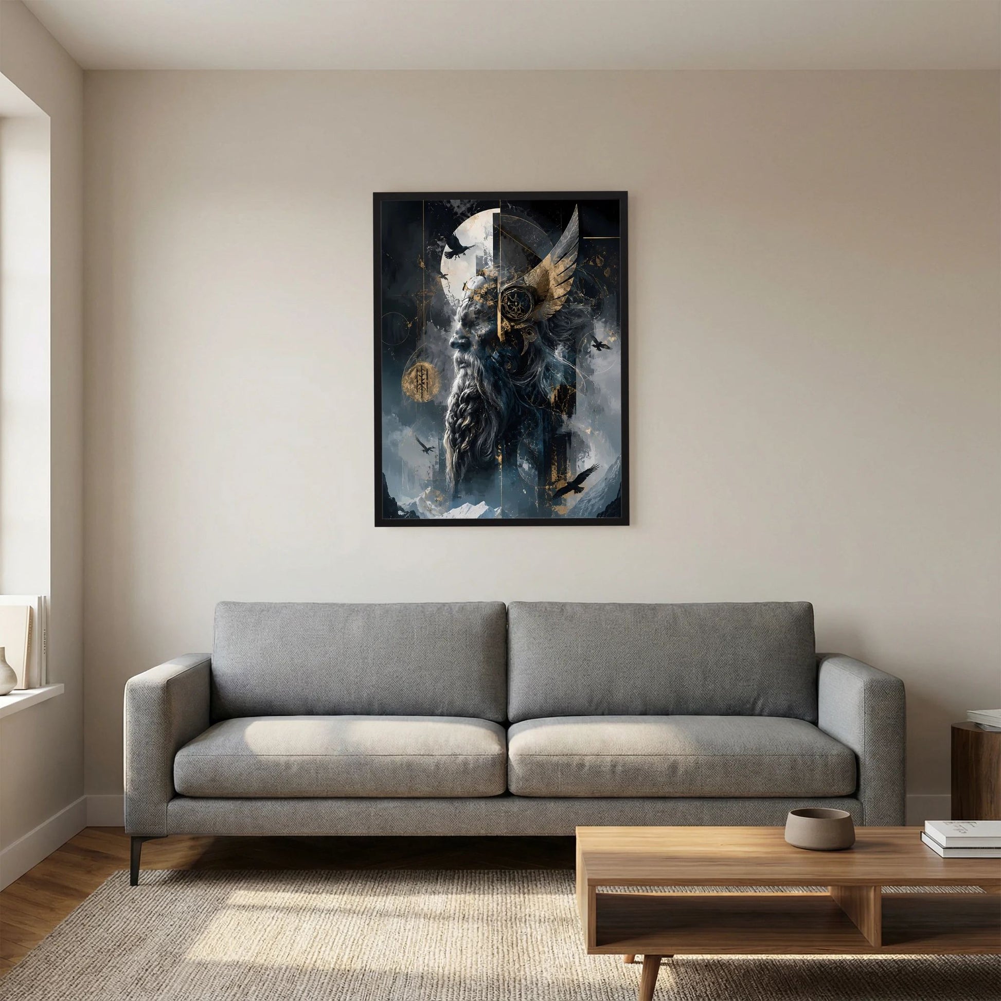 Gerahmtes Hochformat-Poster mit Wikingerkrieger, Rabenflügeln und goldenen Symbolen