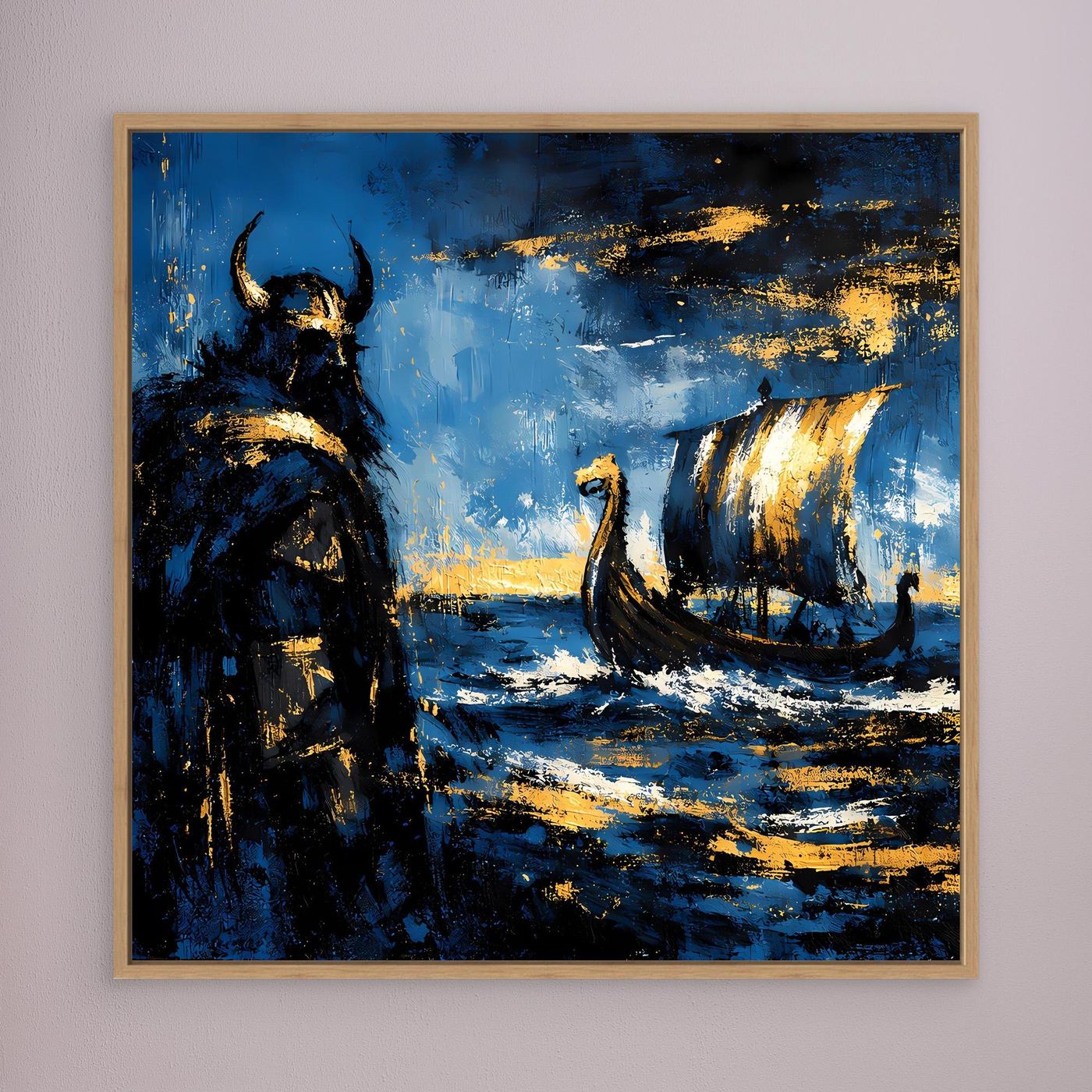 Leinwand Mythischer Wikinger und Langschiff | Abstraktes Nordisches Wandbild