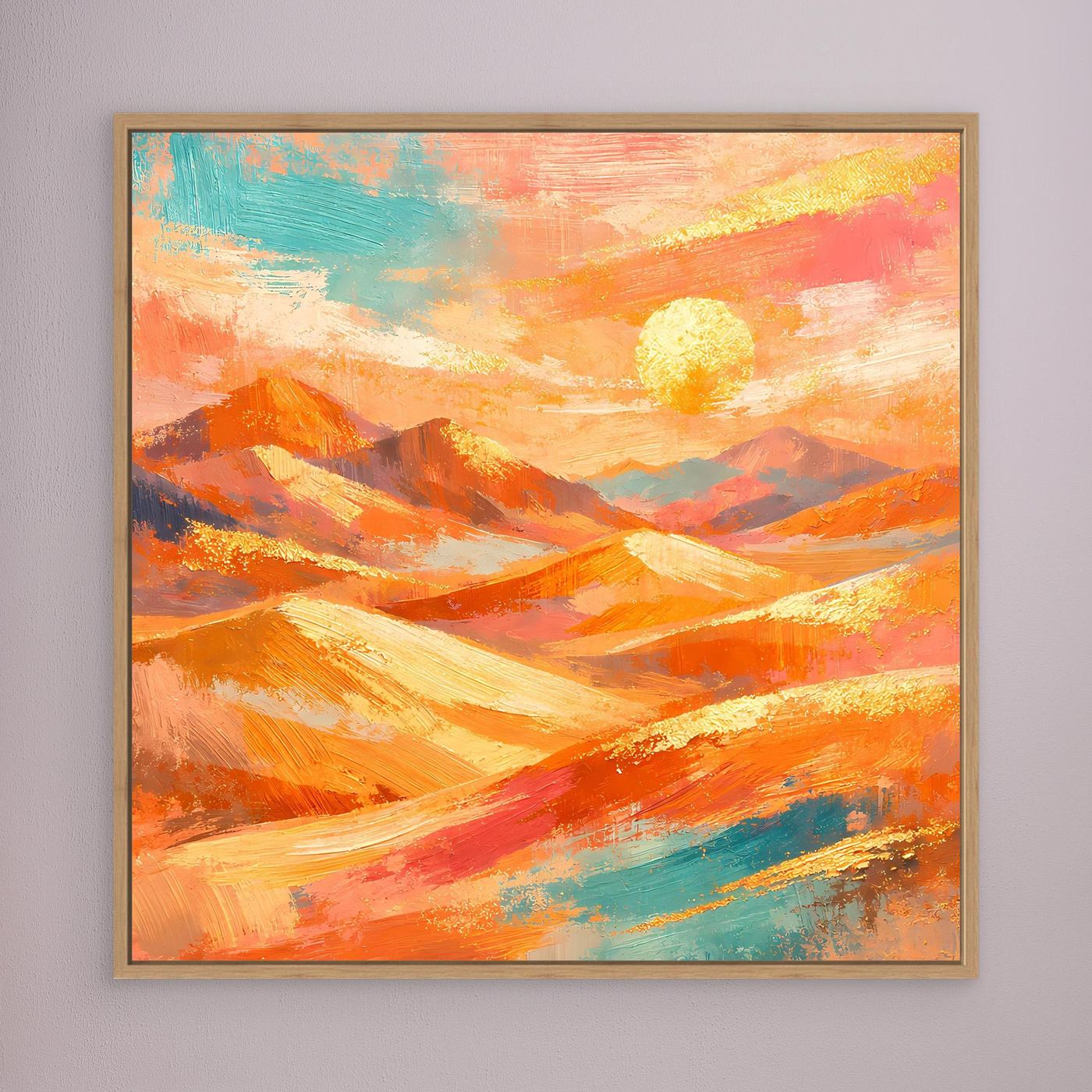 Abstraktes Leinwandbild mit braunem Holzrahmen, orange Wüstenlandschaft und Sonne