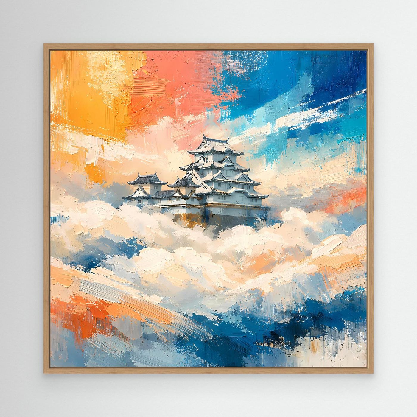 Leinwand Traditionelle Japanische Burg über den Wolken | Fernöstliches Wandbild auf echter Leinwand