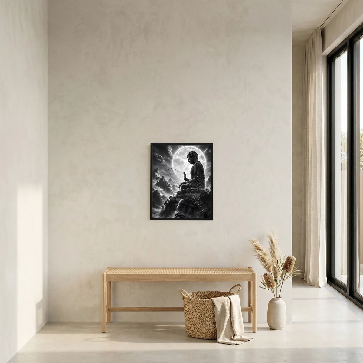 Schwarzweiß-Poster im Hochformat mit sitzendem Buddha vor Vollmond und Berglandschaft