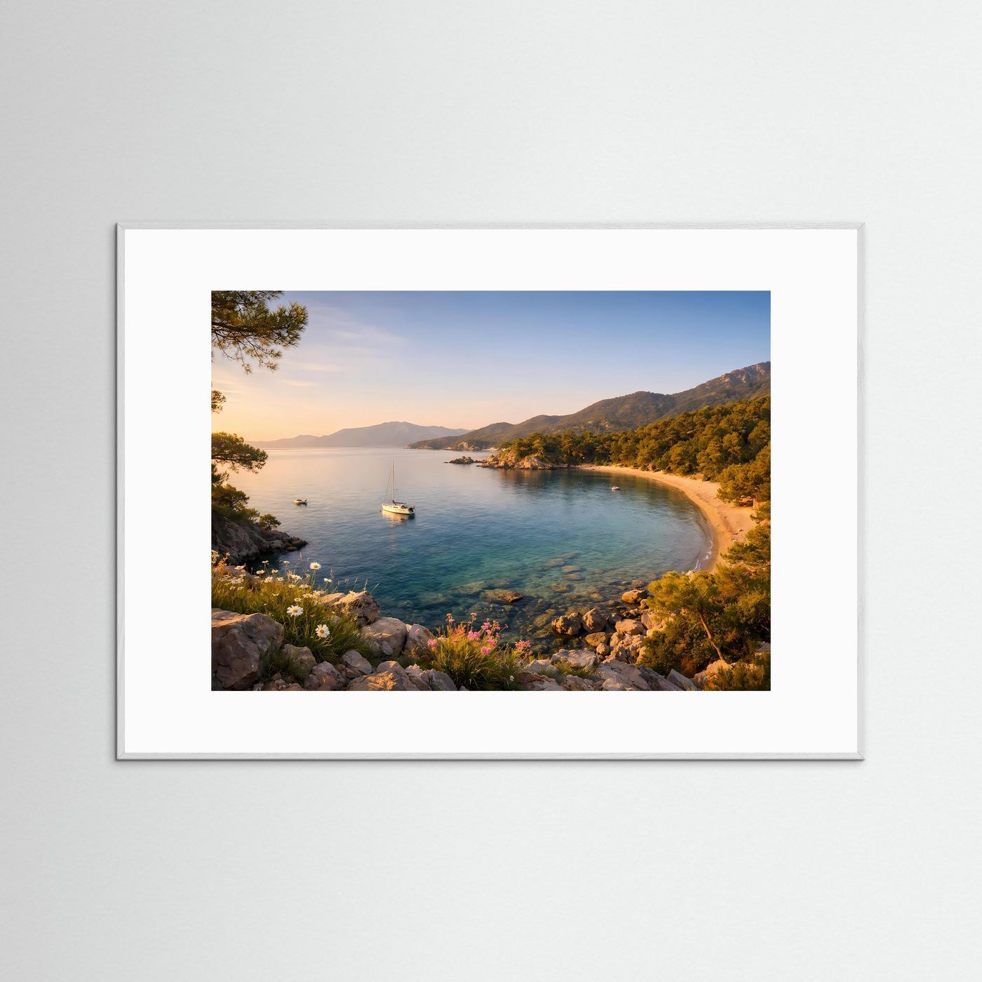 Idyllische Mittelmeer-Bucht bei Sonnenuntergang | Panoramabild & Natur-Poster Querformat
