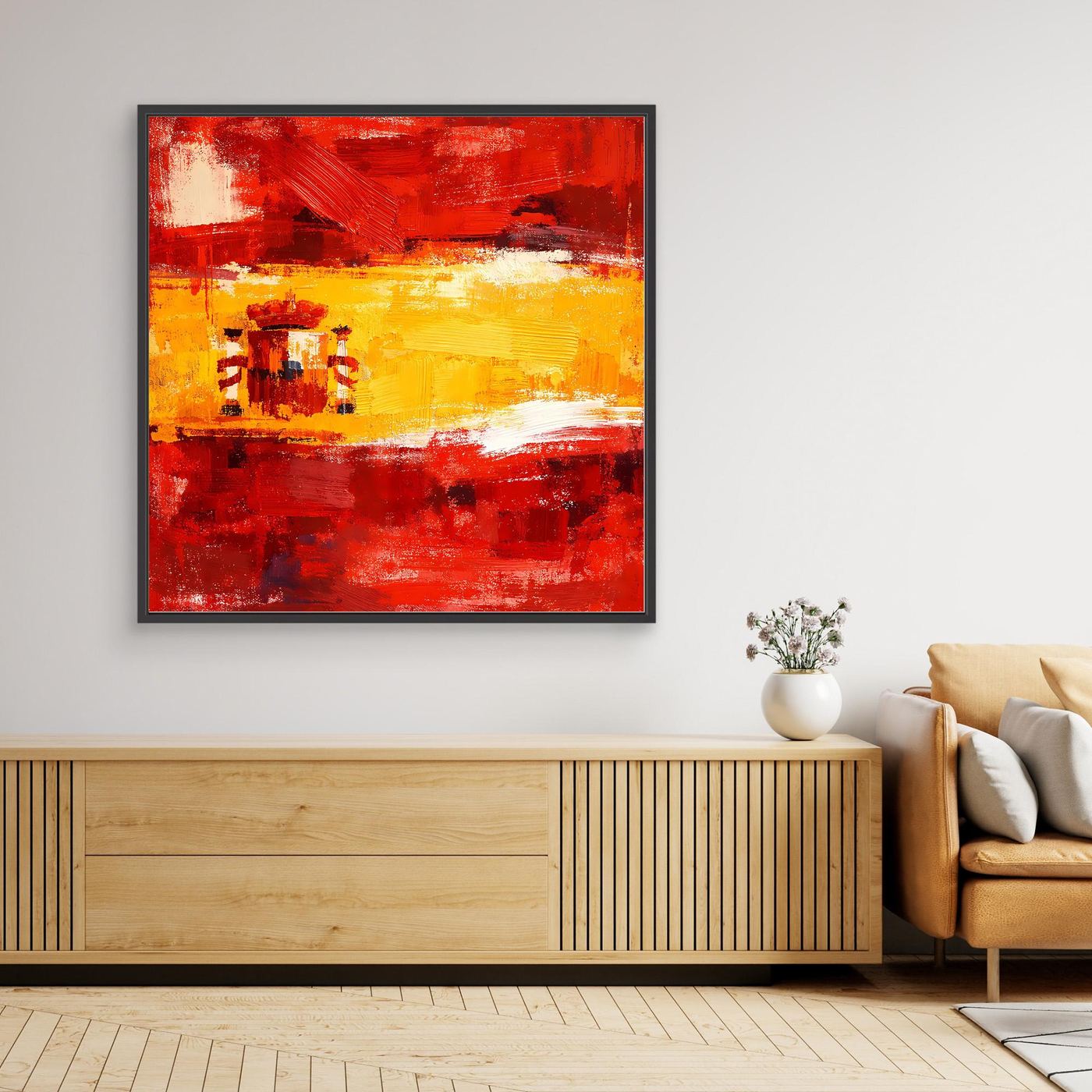 Abstract canvas wall art of Spain flag, red and yellow, with black frame