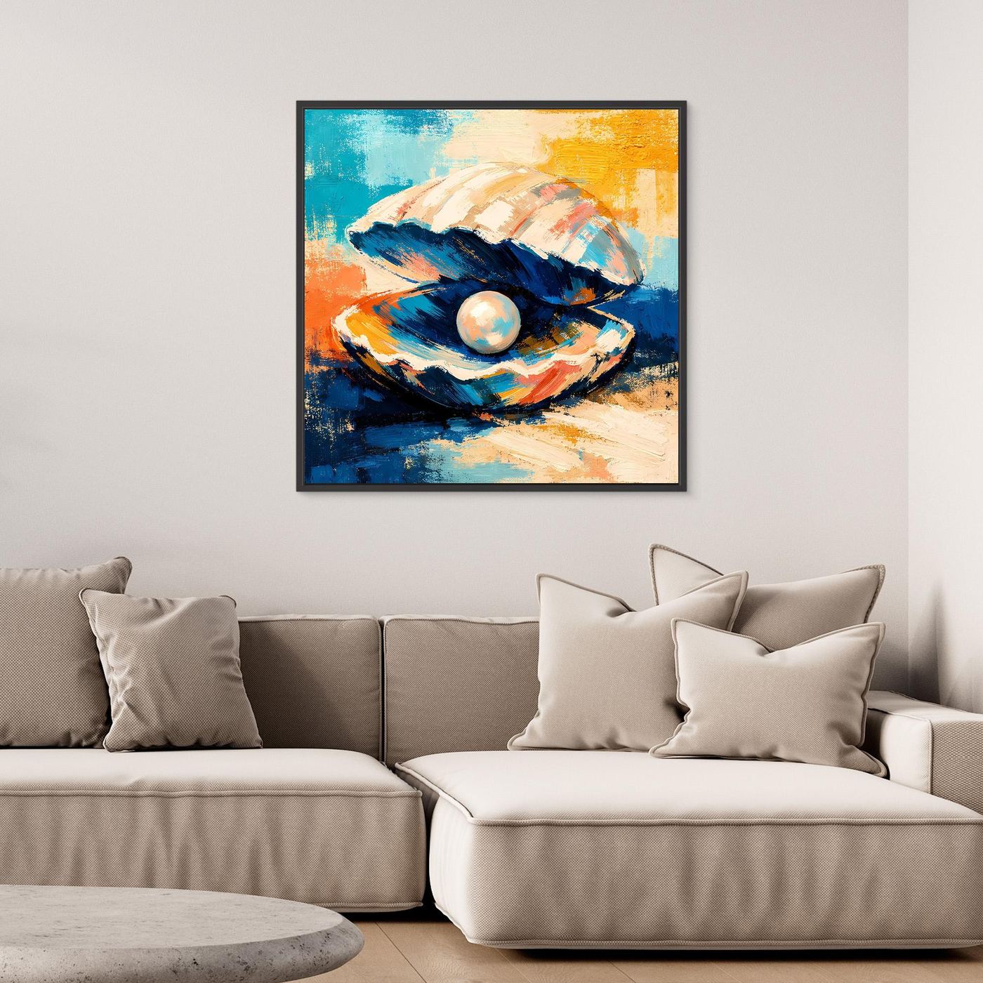 Framed wall art of abstract seashell with pearl, bold blue and orange strokes