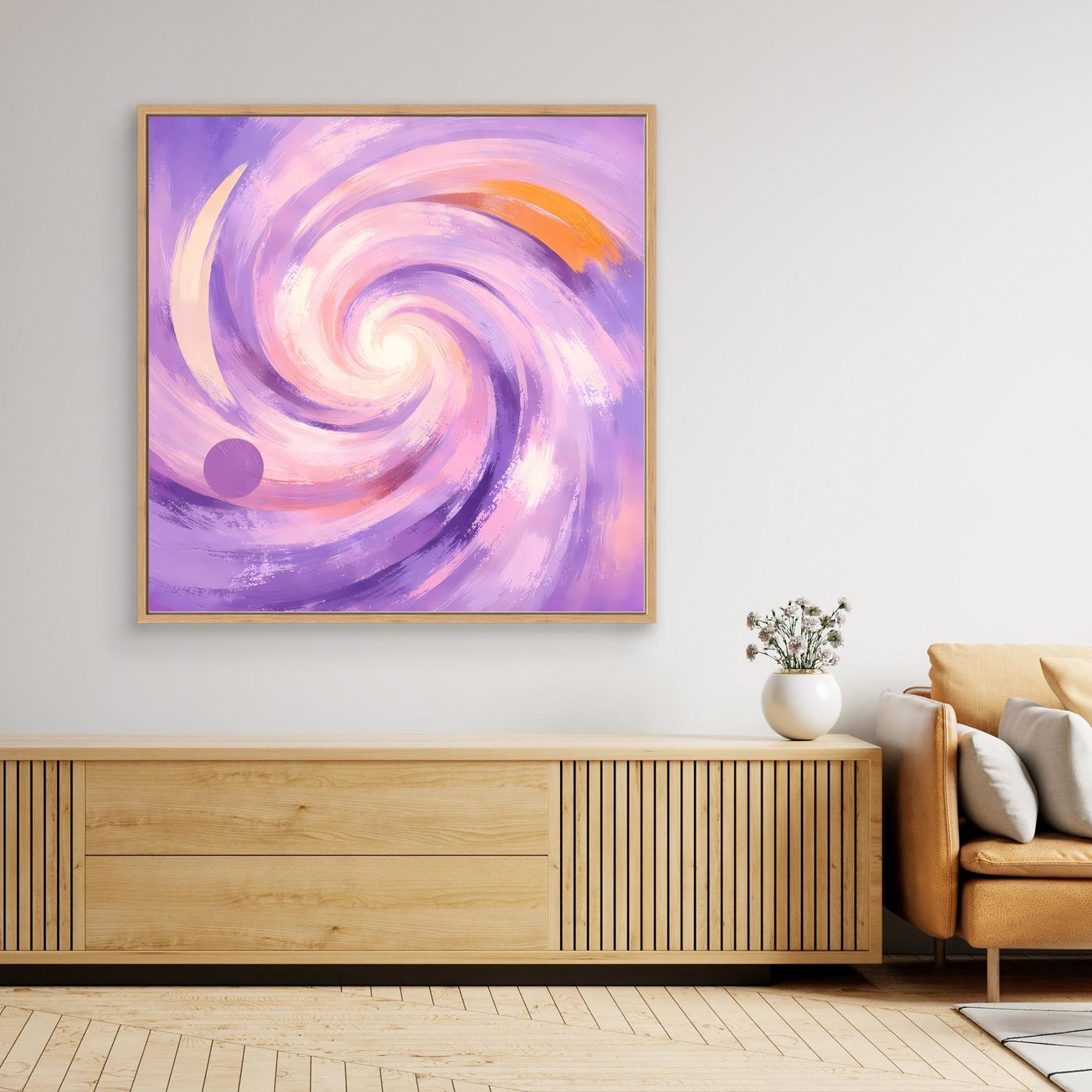 Gerahmtes Leinwandbild mit abstraktem Pastellwirbel in Flieder und Rosa, helles Zentrum