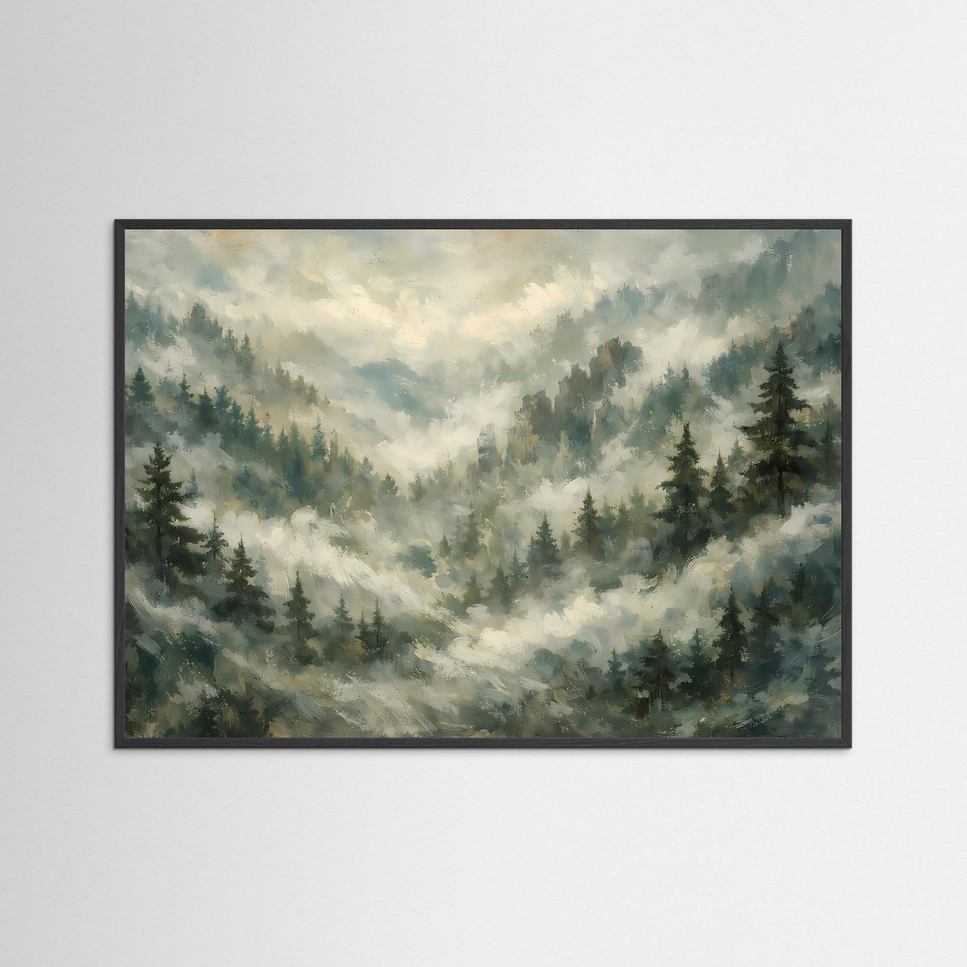 Neblige Bergidylle im Tannenwald | Panorama Natur & Landschaft Poster Querformat