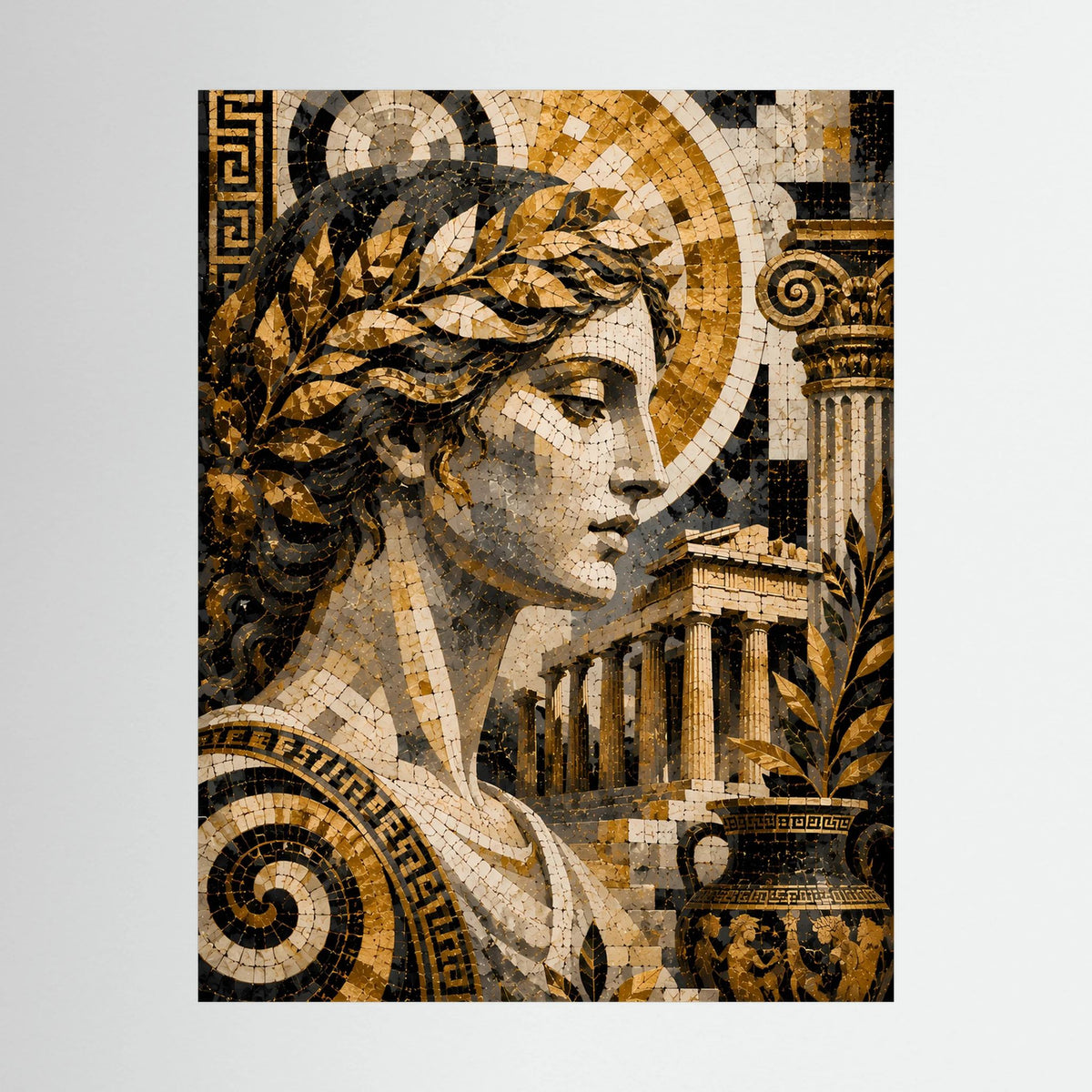 Detail-Poster: Mosaik-Göttinnenkopf in Gold und Schwarz mit Architektur-Motiv