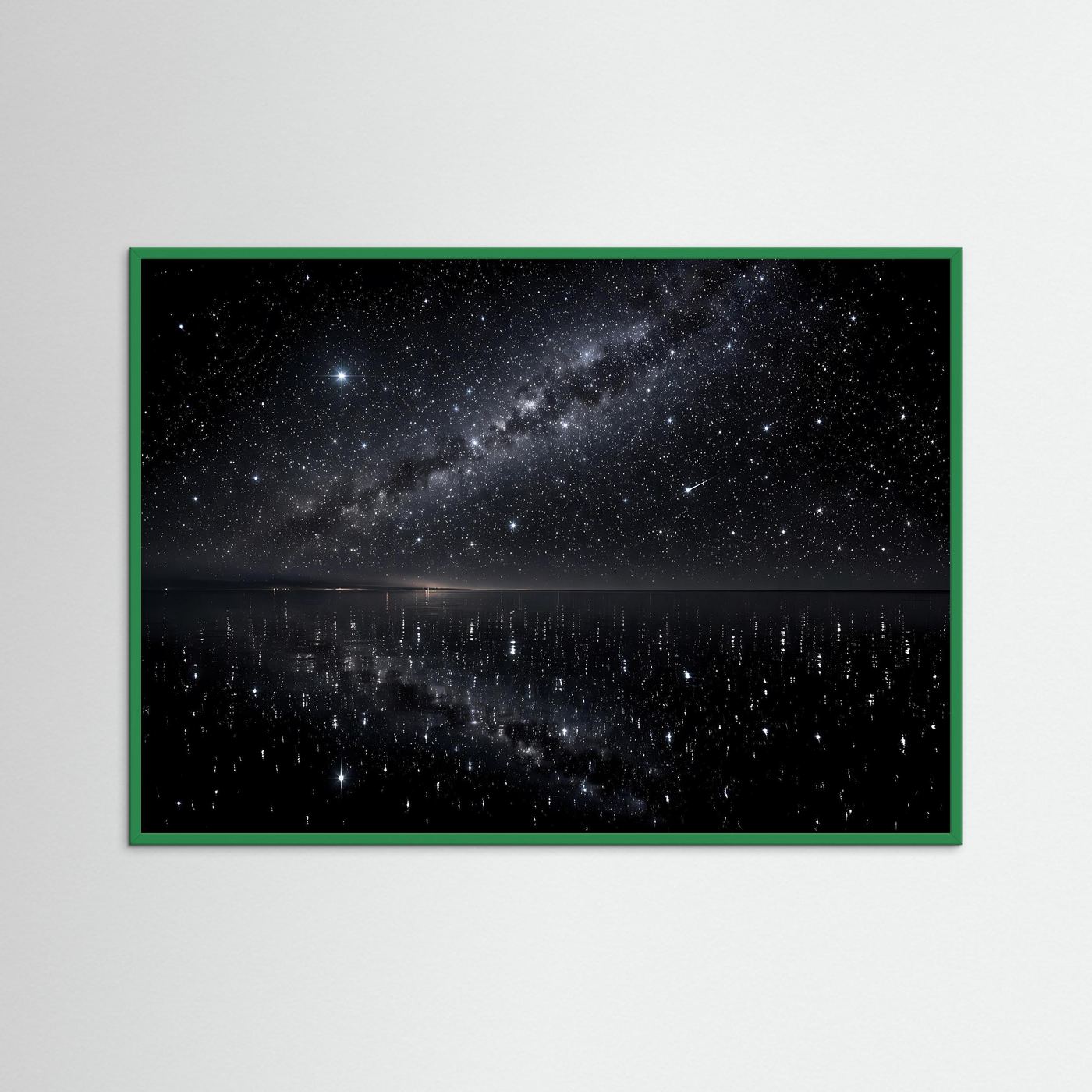 Poster Sternenhimmel mit Spiegelung im Wasser, grüner Holzrahmen