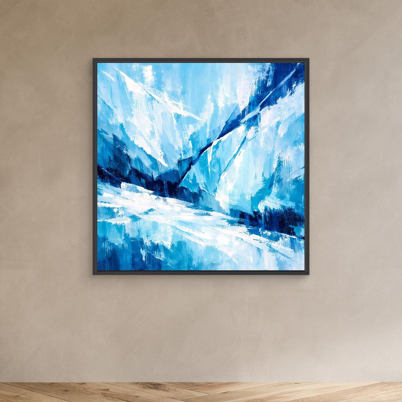 Leinwand-Wandbild mit abstraktem Gletschermotiv in Blau und Weiß, schwarzer Rahmen