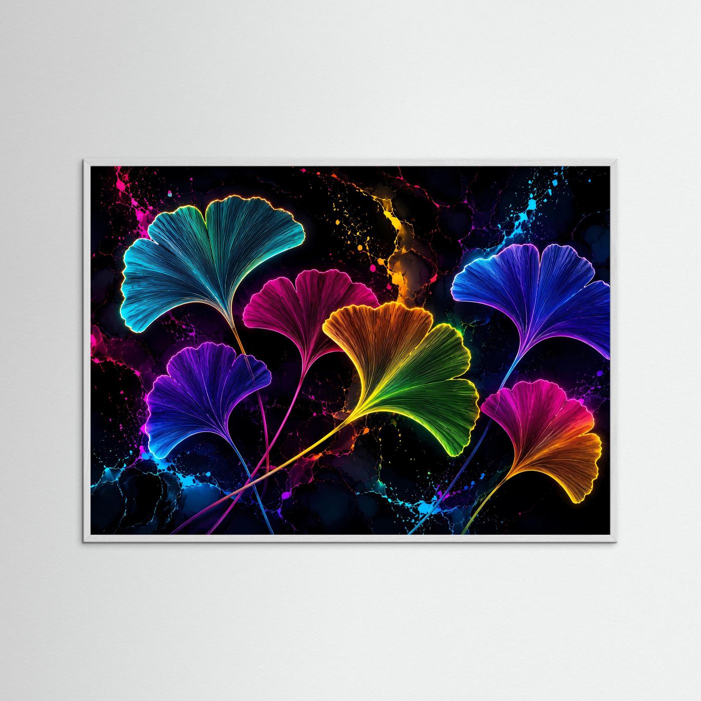 Modernes Ginkgo-Blatt-Poster im Neon-Look mit weißem Rahmen