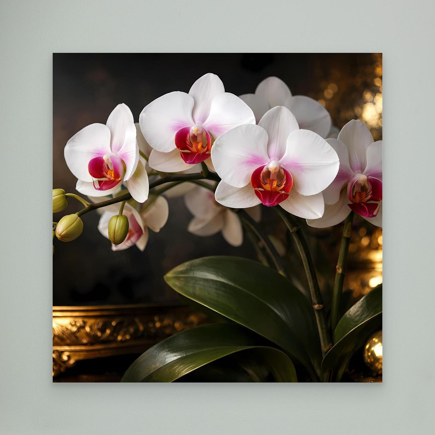 Leinwandbild mit weißen Orchideenblüten, rosa Akzenten, grünen Blättern und Knospen